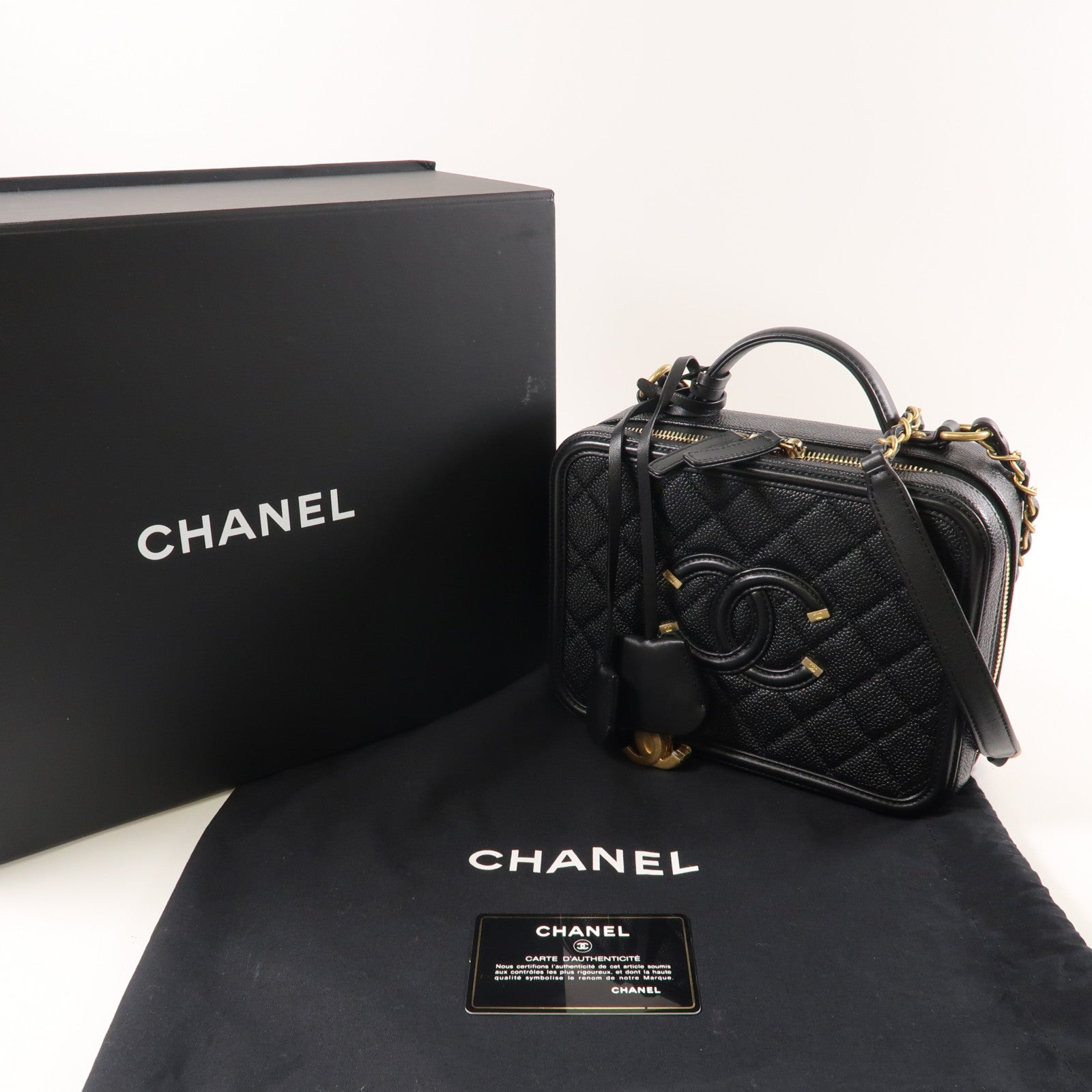CHANEL 菱格牛皮皮革Vanity Case金扣手挽肩背兩用袋黑色
