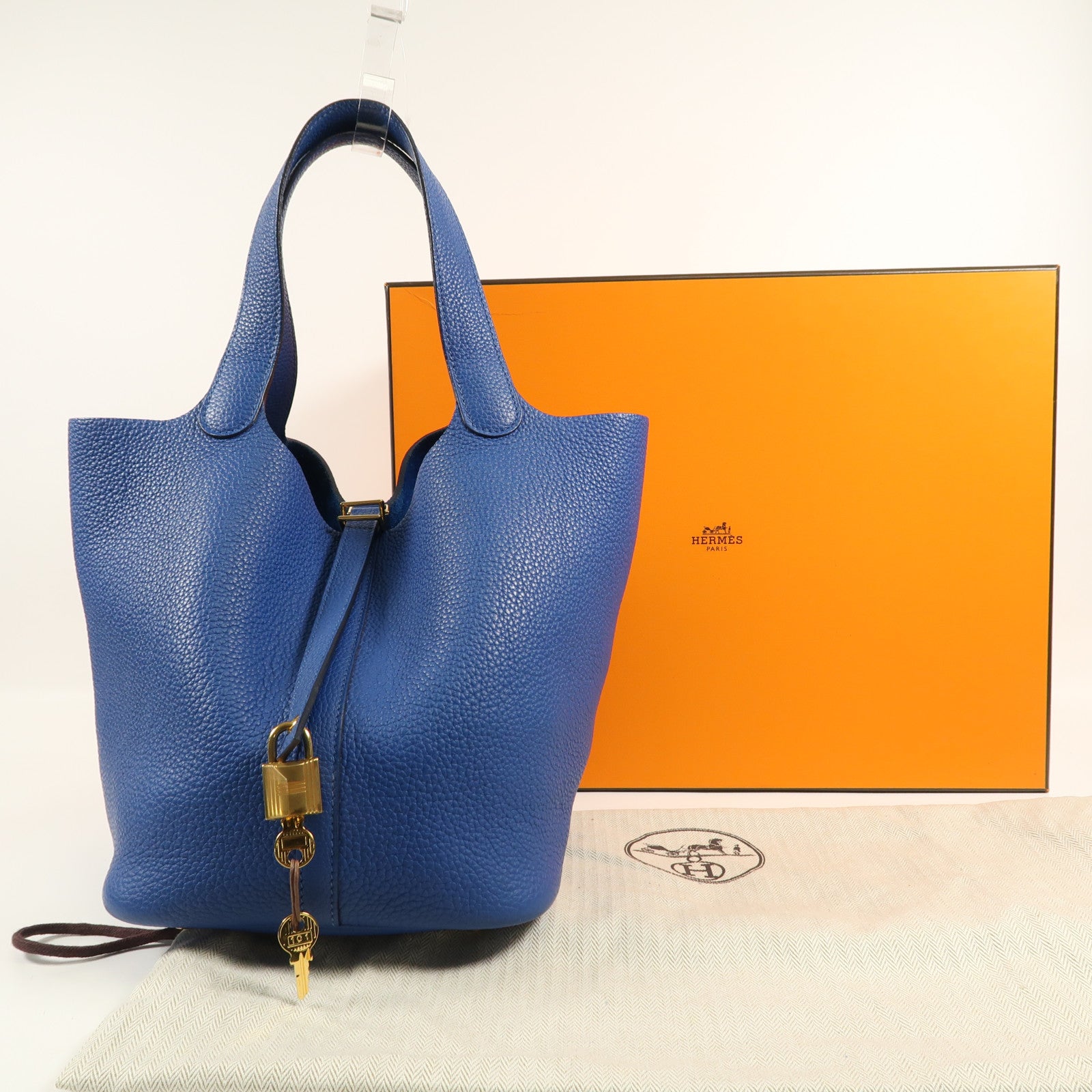 HERMES Clemence皮革Picotin MM金扣手挽袋Blue France