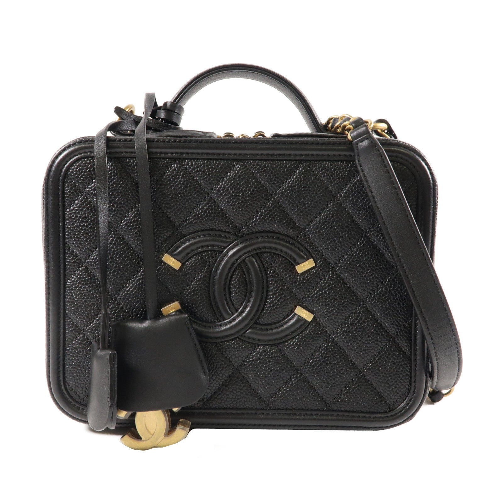 CHANEL 菱格牛皮皮革Vanity Case金扣手挽肩背兩用袋黑色