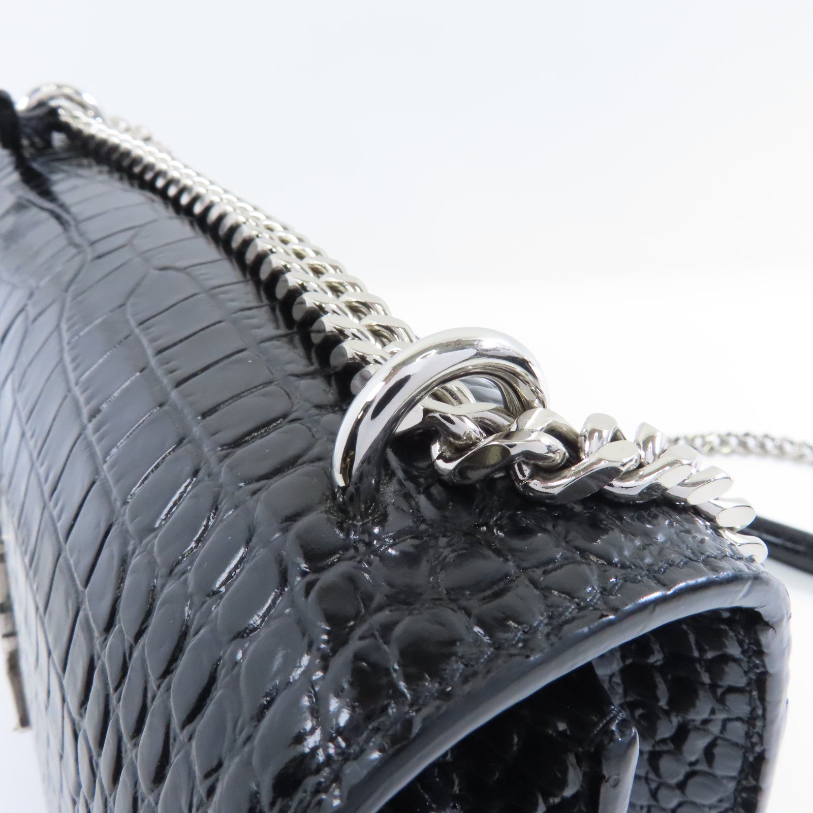 YVES SAINT LAURENT 牛皮皮革Chain Shoulder Bag銀扣鏈帶肩背袋黑色