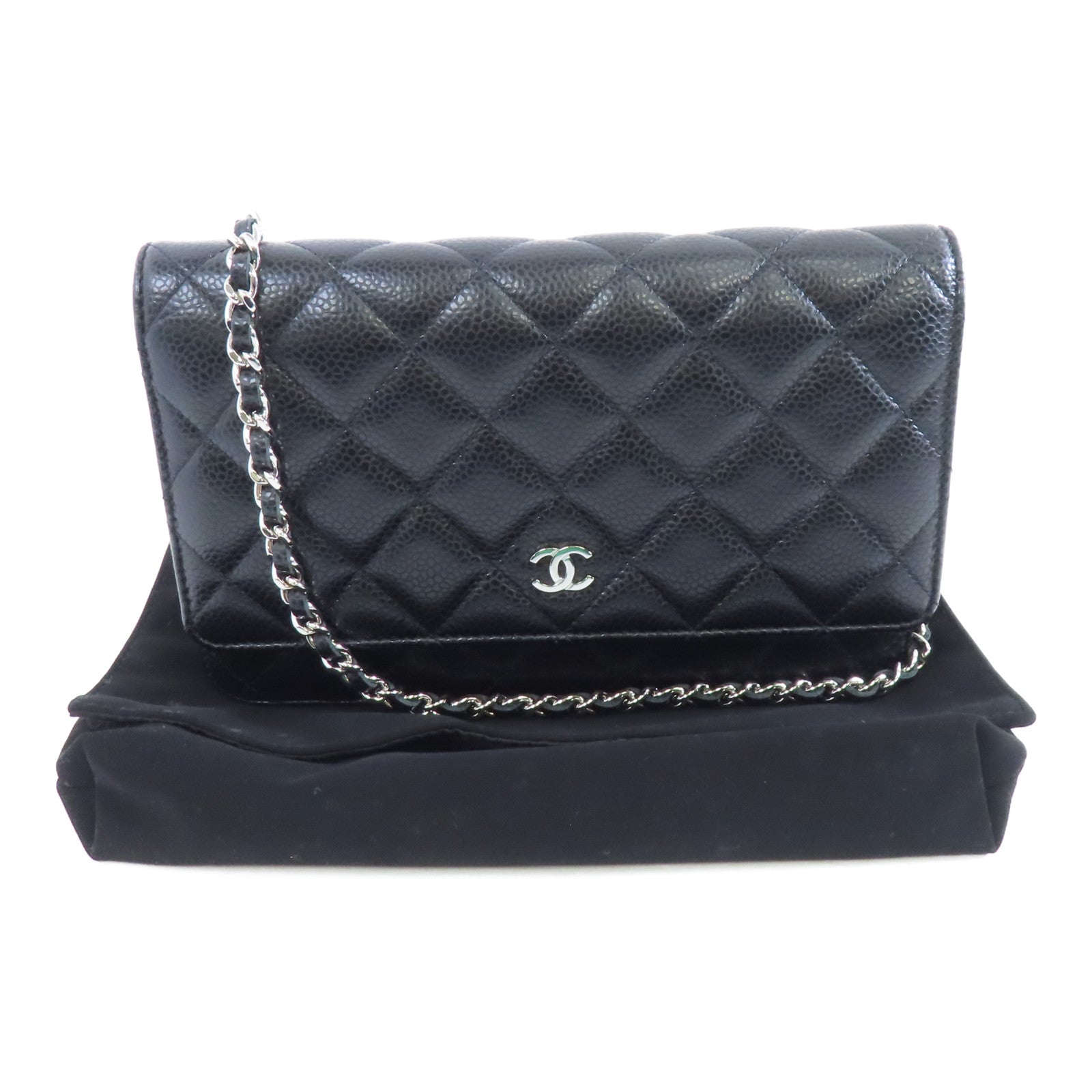 CHANEL 菱格Caviar皮革Wallet On Chain銀扣鏈帶肩背袋黑色