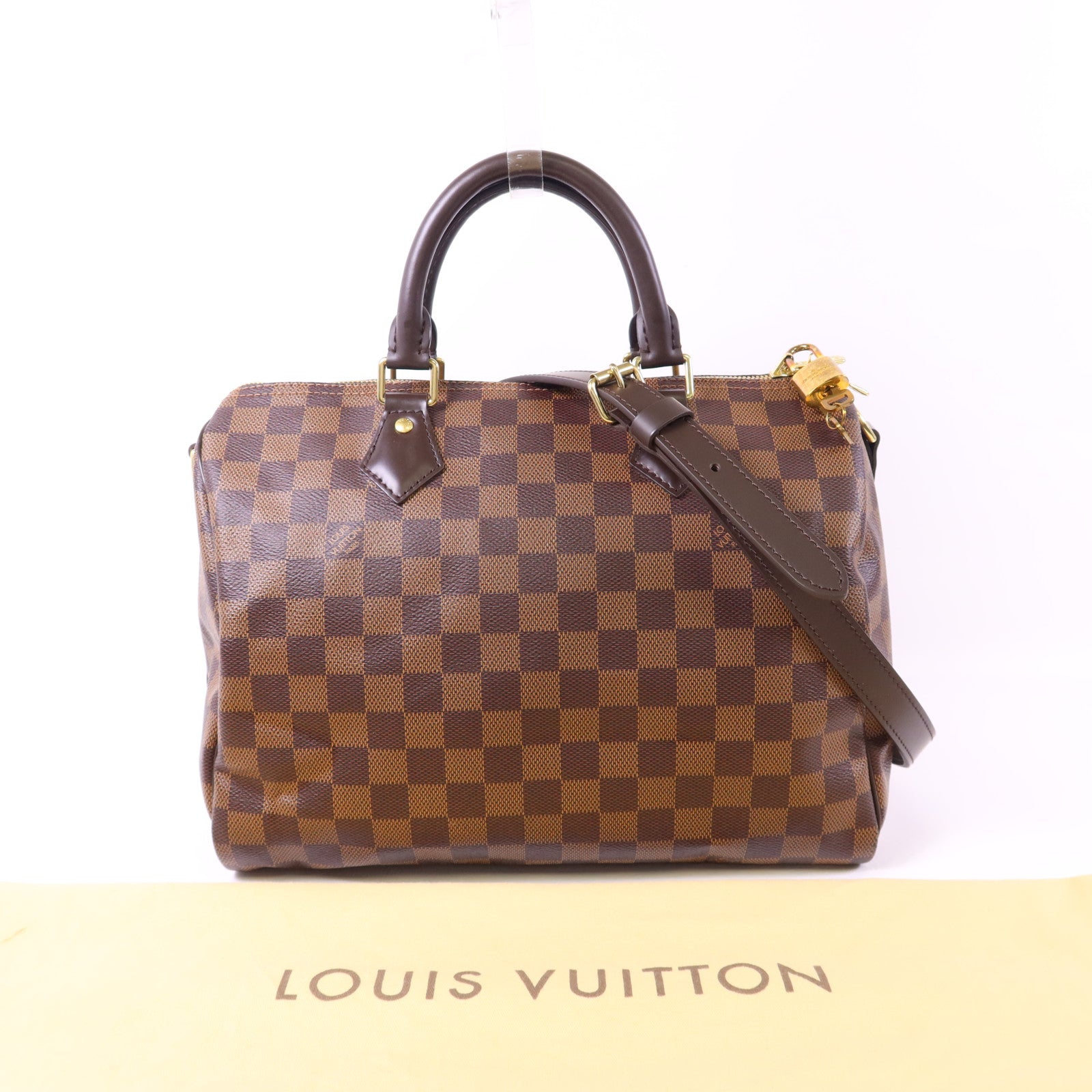 LOUIS VUITTON Damier Speedy Bandouliere 30金扣手挽肩背兩用袋棕色