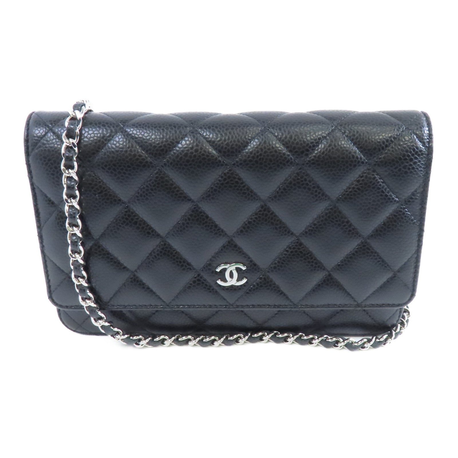 CHANEL 菱格Caviar皮革Wallet On Chain銀扣鏈帶肩背袋黑色
