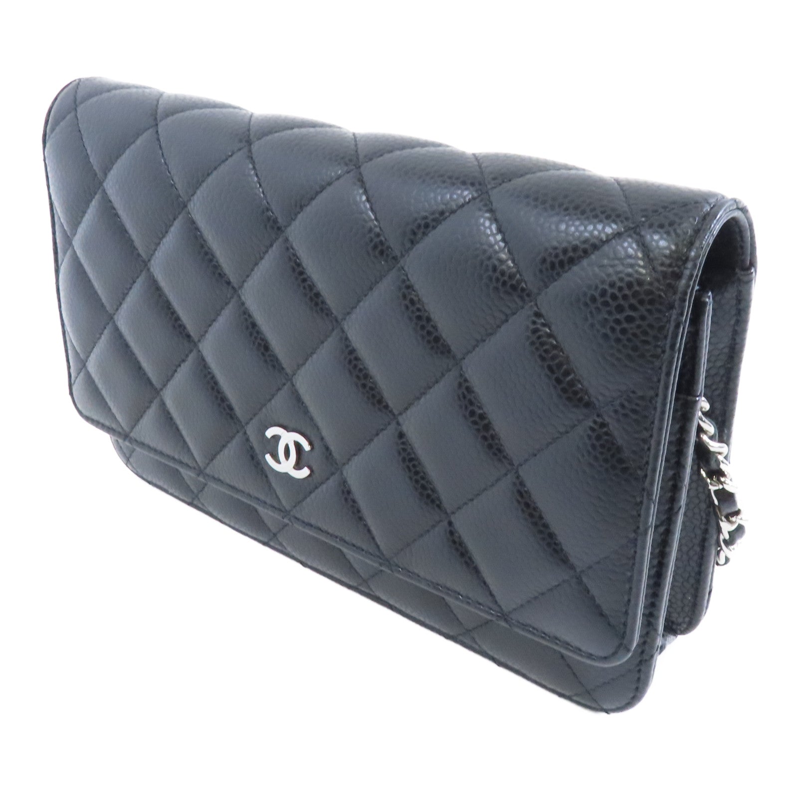 CHANEL 菱格Caviar皮革Wallet On Chain銀扣鏈帶肩背袋黑色