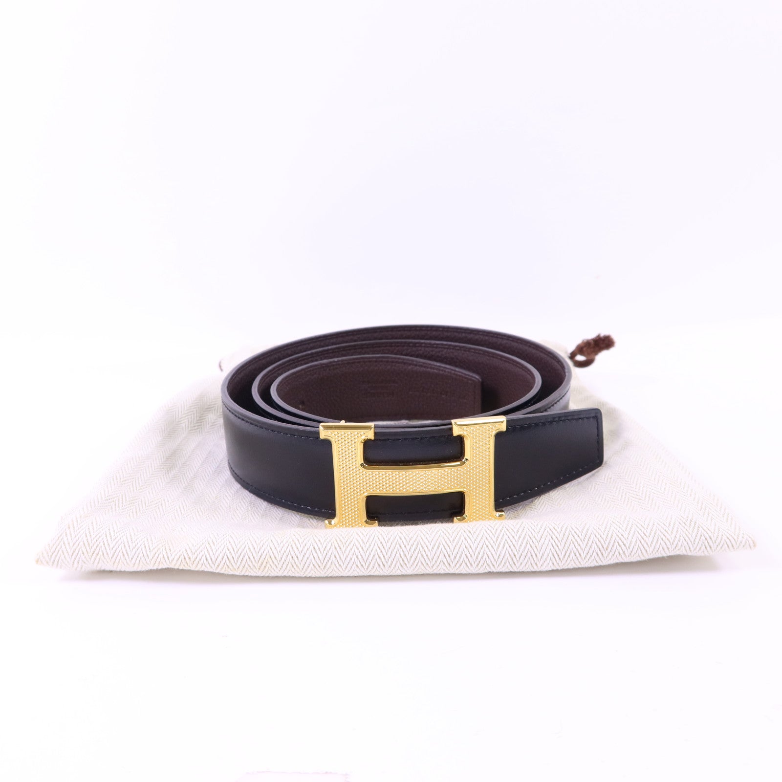 HERMES Box/Togo皮革Constance H Belt 90cm金扣皮帶Noir/Chocolat