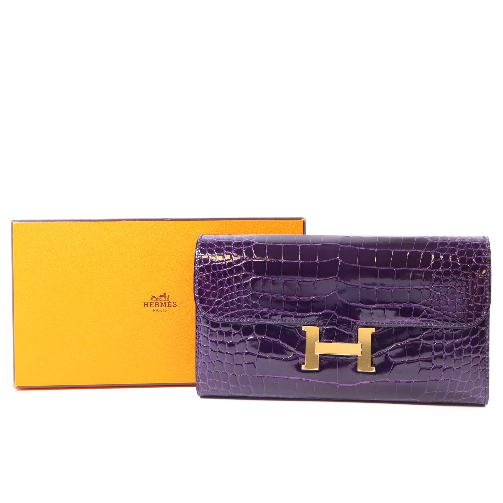 HERMES 【激減優惠】鱷魚皮革Constance Long Wallet金扣長錢包紫色