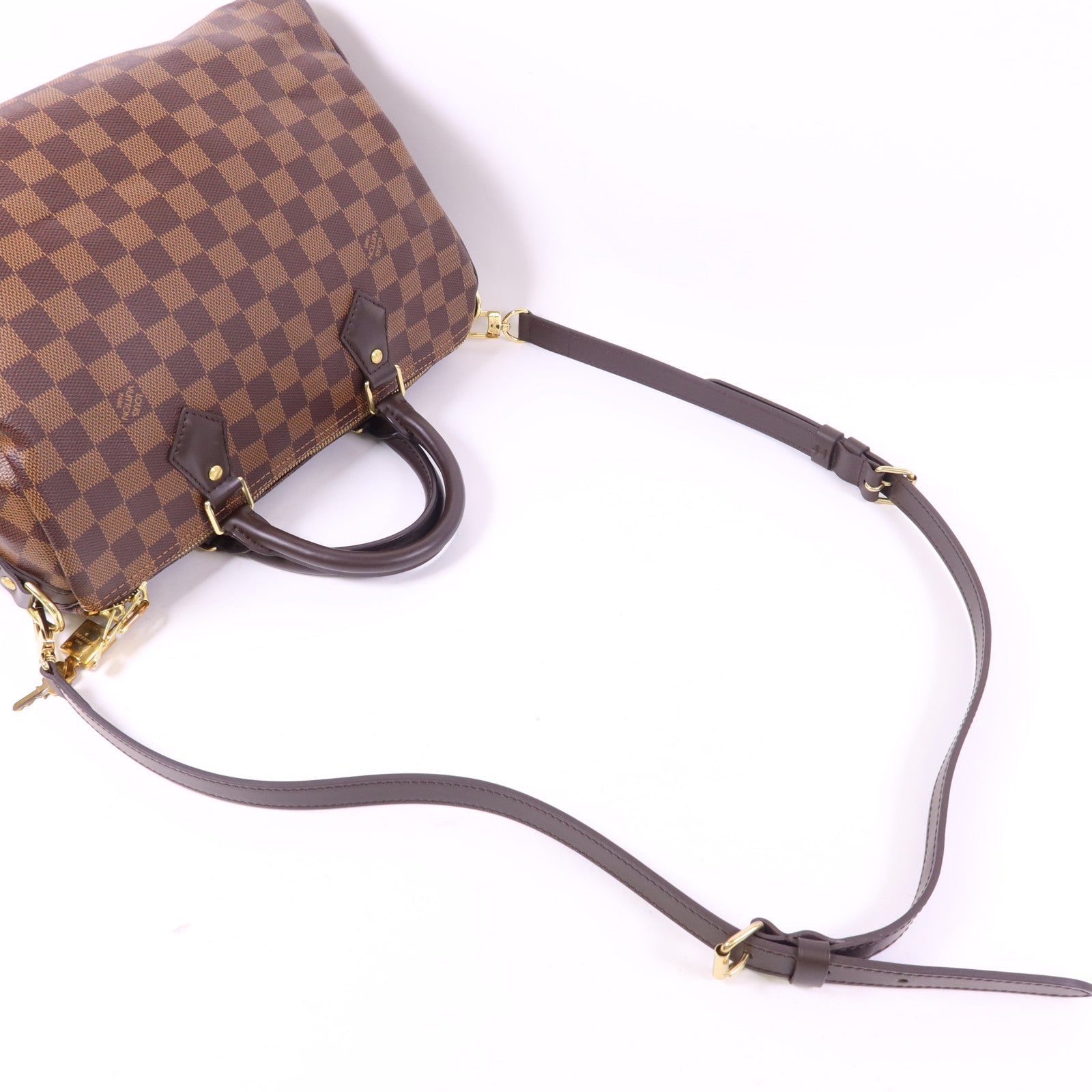 LOUIS VUITTON Damier Speedy Bandouliere 30金扣手挽肩背兩用袋棕色