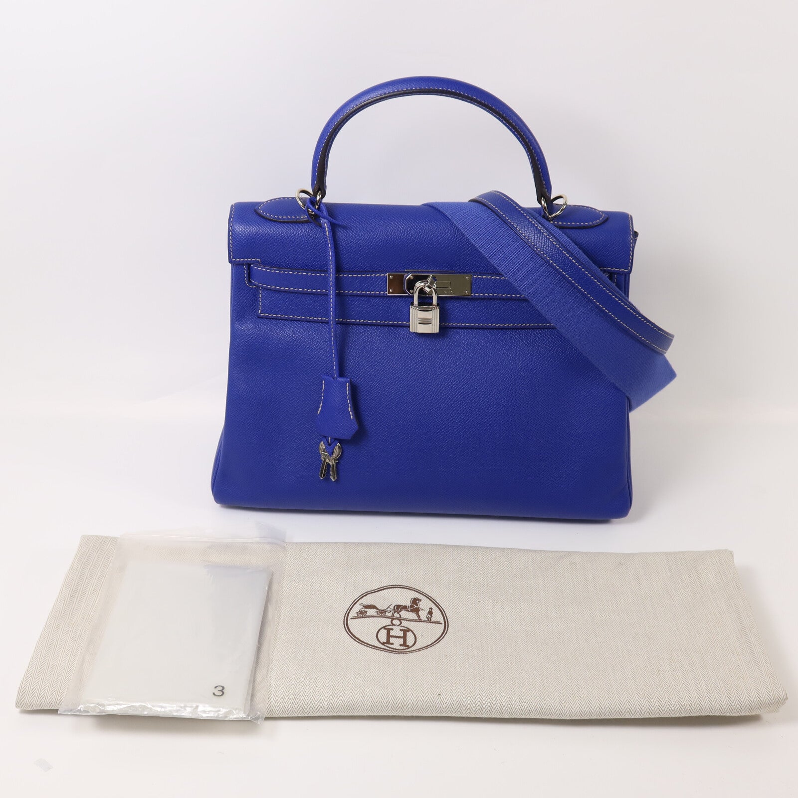 HERMES Epsom皮革Kelly 32手挽肩背兩用袋Bleu Electrique