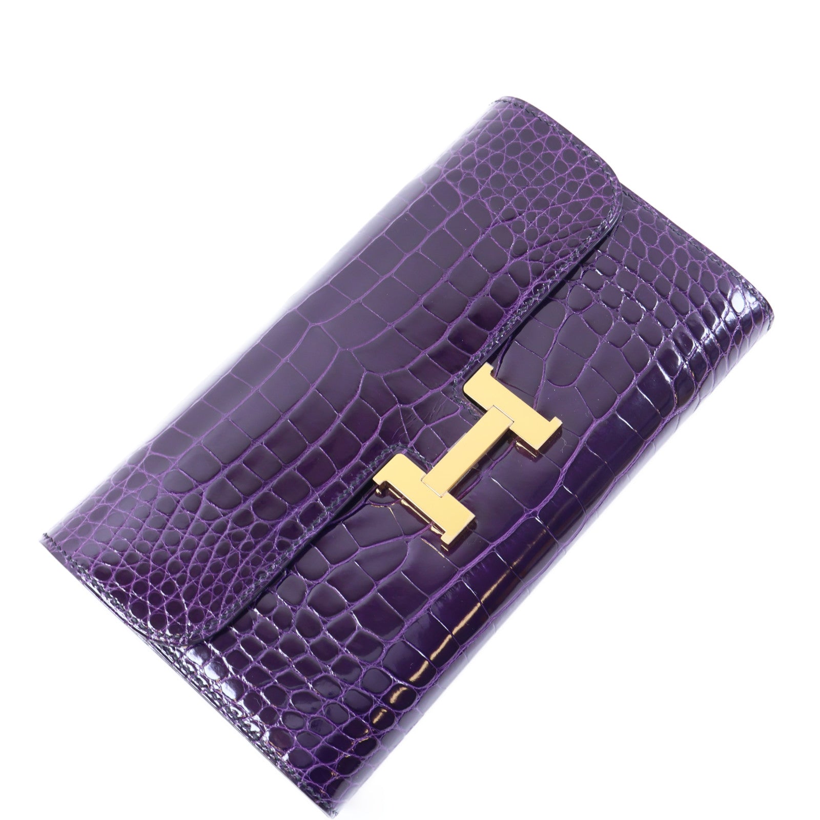 HERMES 鱷魚皮革Constance Long Wallet金扣長錢包紫色