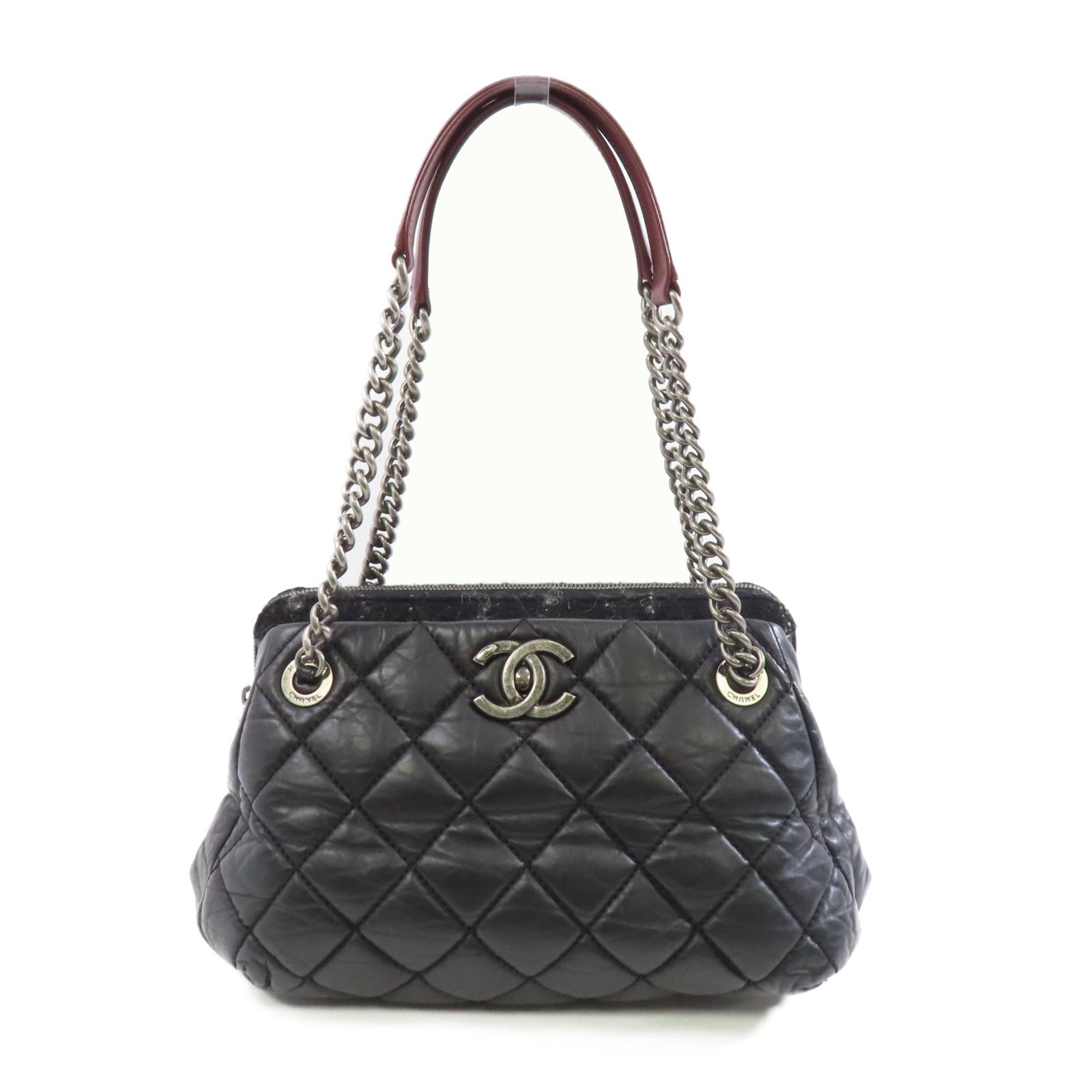 CHANEL 菱格皮革Chain Shoulder銀扣鏈帶肩背袋黑色