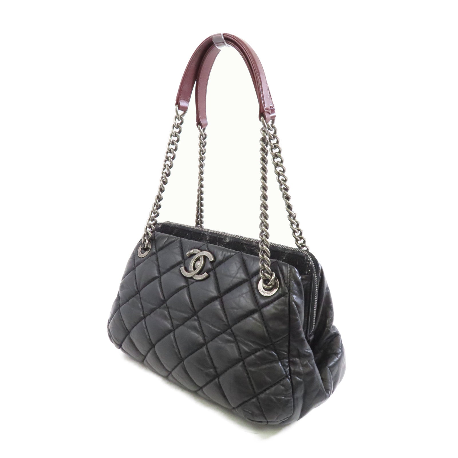 CHANEL 菱格皮革Chain Shoulder銀扣鏈帶肩背袋黑色