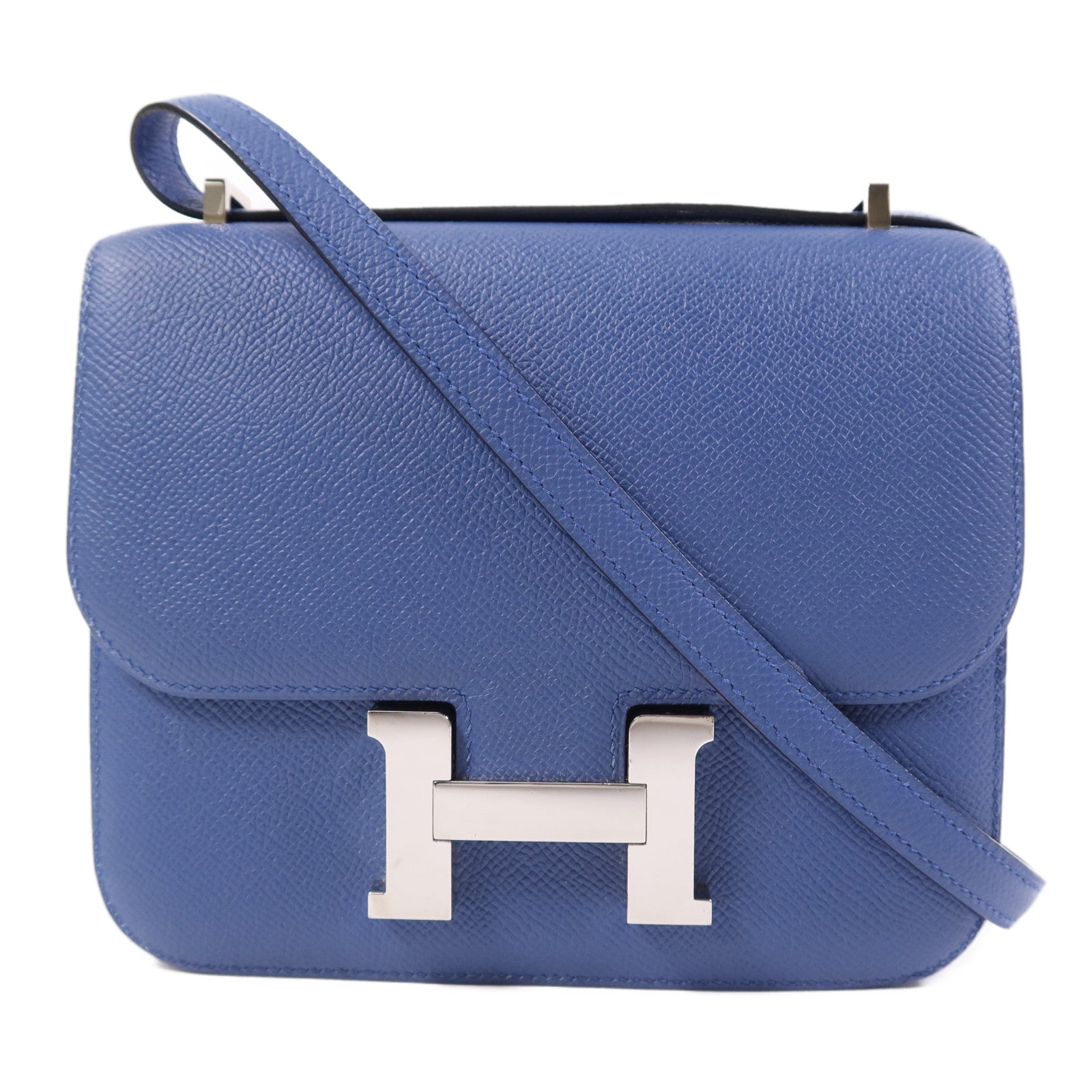 HERMES Epsom皮革Constance Mini銀扣肩背袋Bleu Agate/Gris Mouette