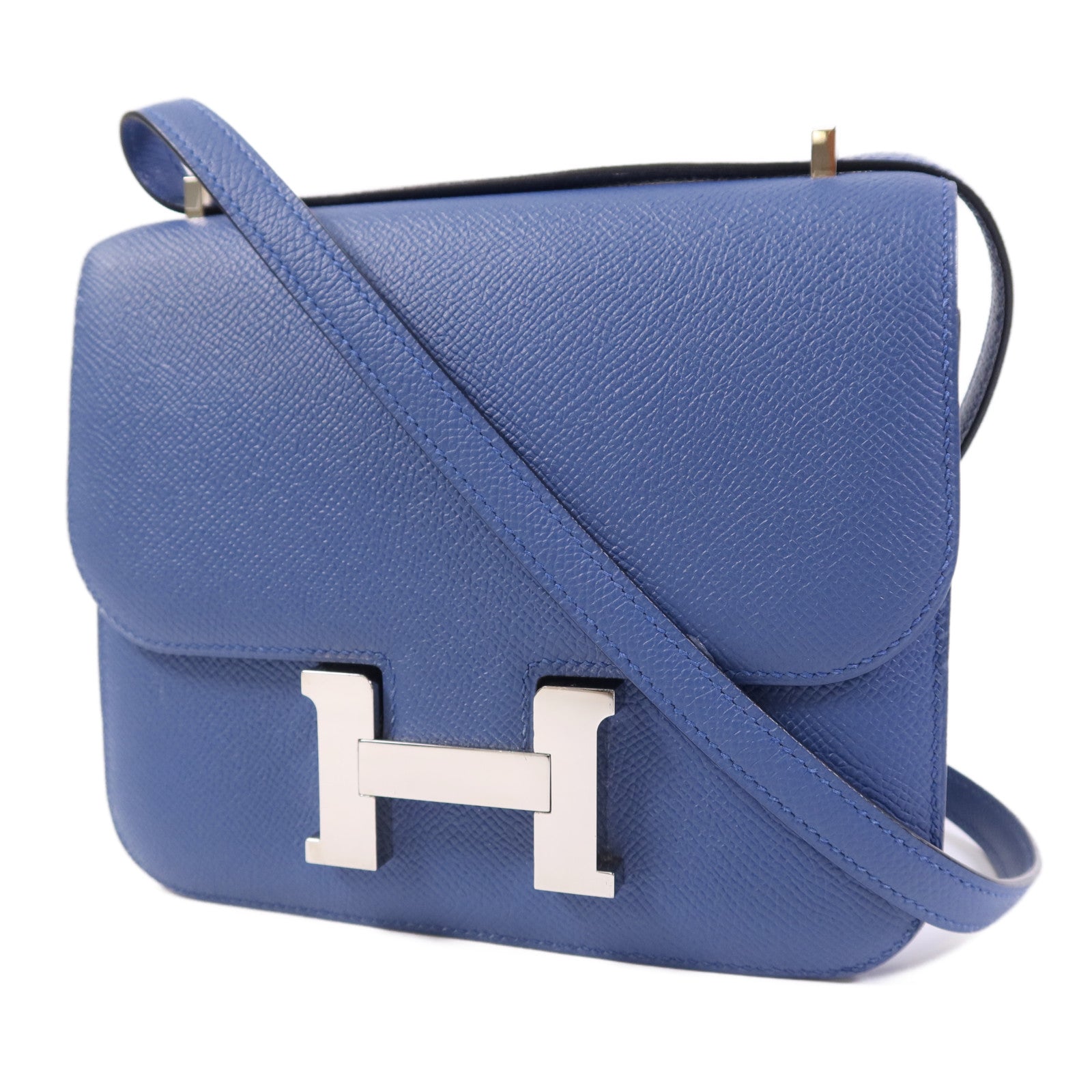 HERMES Epsom皮革Constance Mini銀扣肩背袋Bleu Agate/Gris Mouette