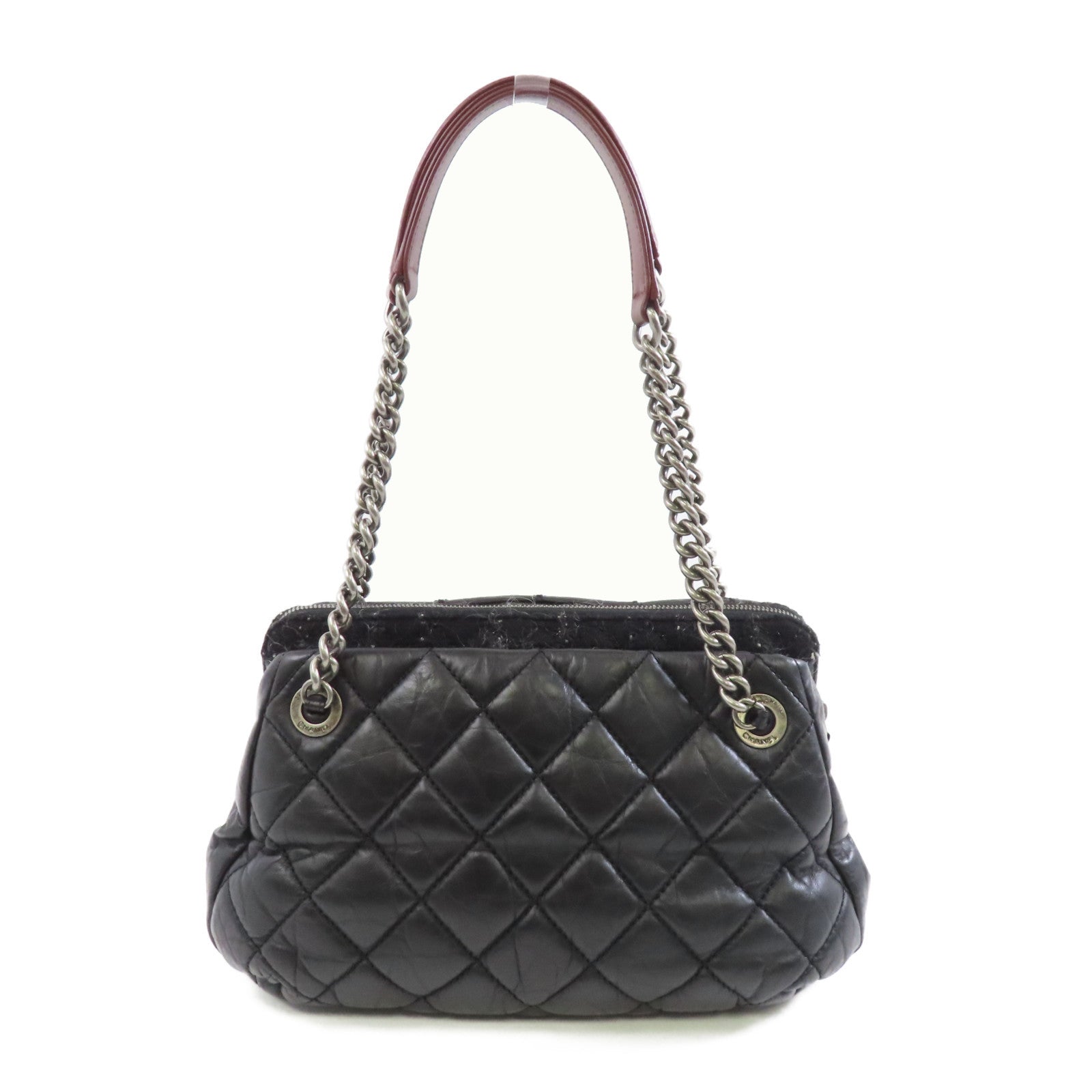 CHANEL 菱格皮革Chain Shoulder銀扣鏈帶肩背袋黑色