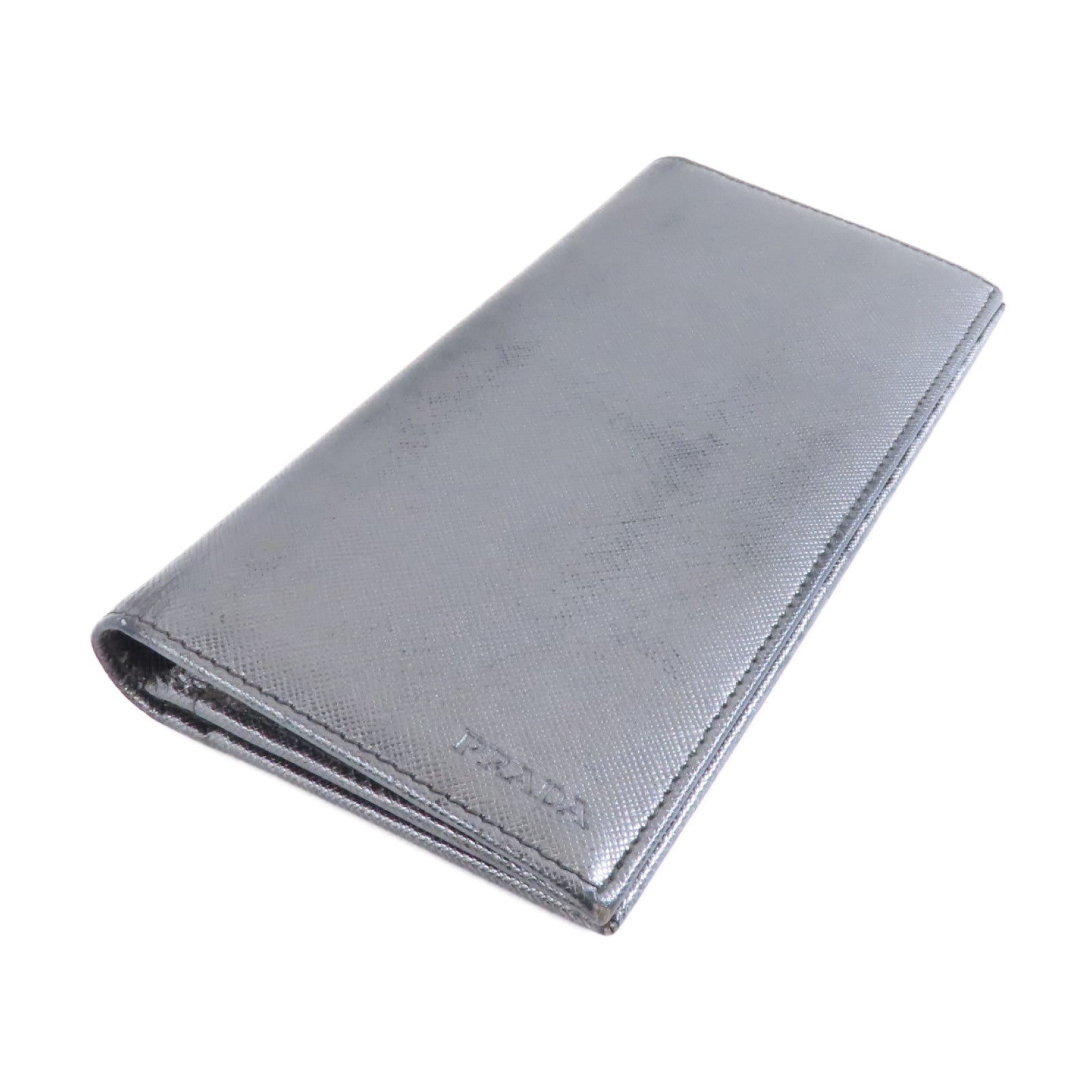 PRADA 牛皮皮革Long Wallet銀扣長錢包銀色