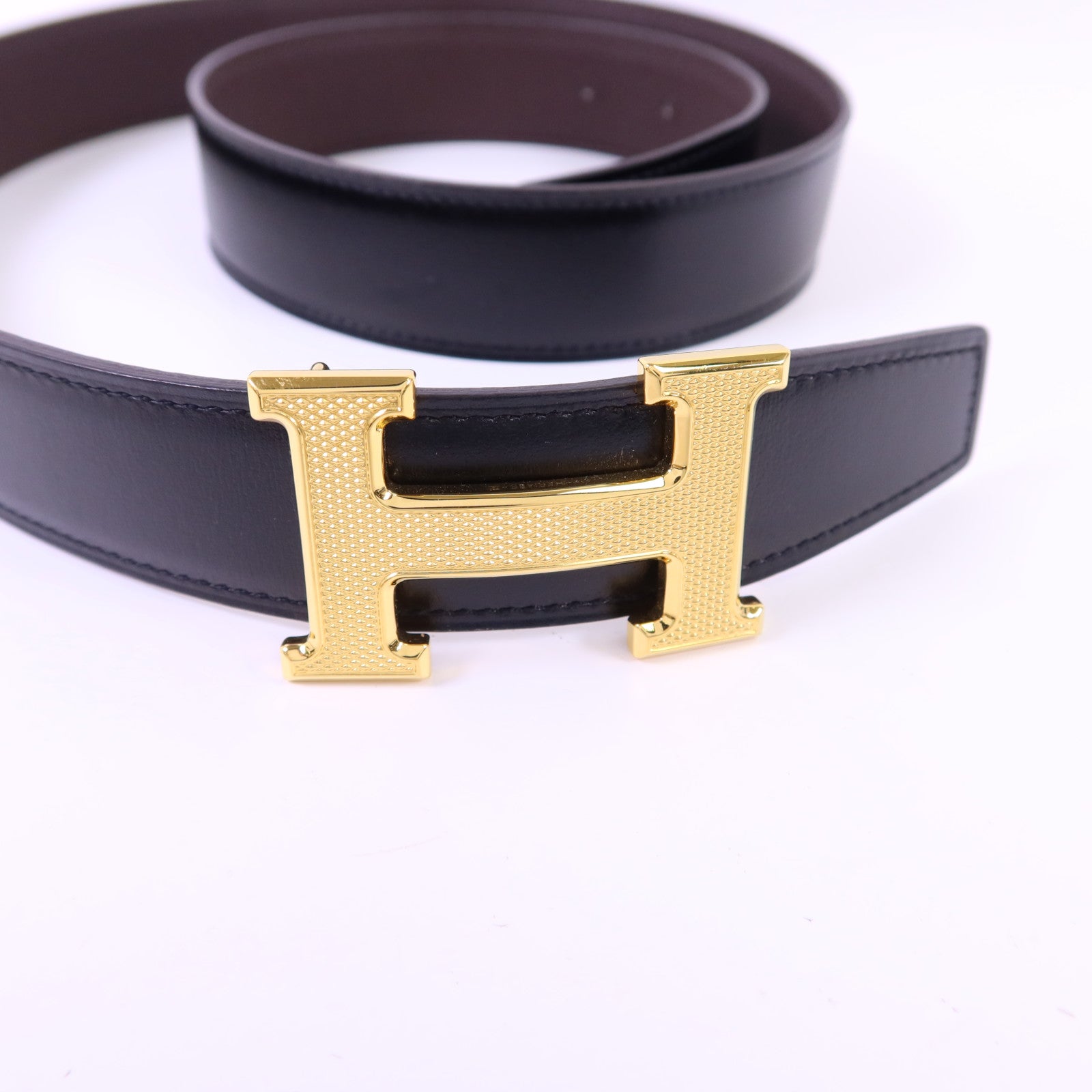 HERMES Box/Togo皮革Constance H Belt 90cm金扣皮帶Noir/Chocolat