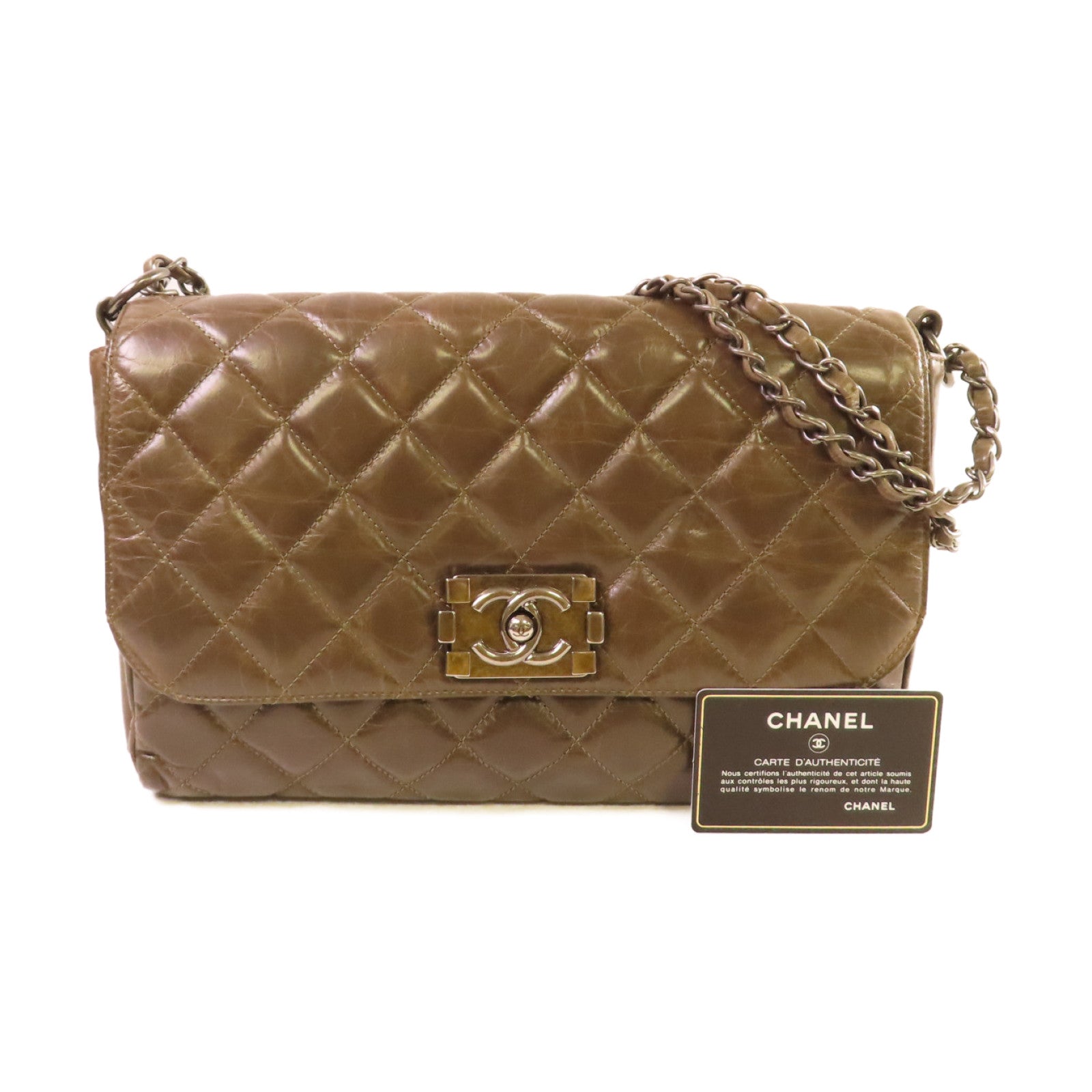 CHANEL 【清倉大減價】菱格牛皮皮革Chain Shoulder Bag銀扣鏈帶肩背袋啡色