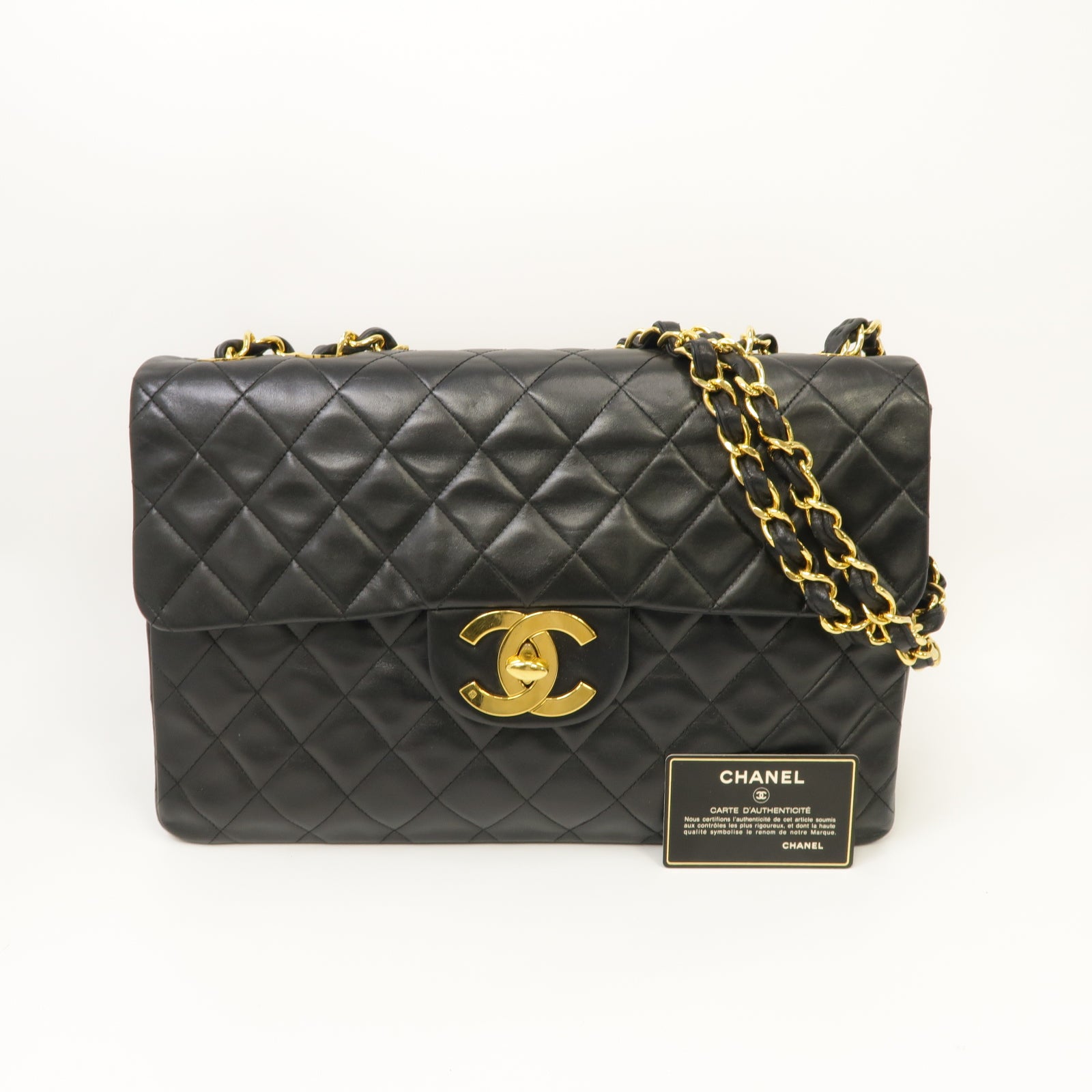 CHANEL 菱格牛皮皮革Chain Shoulder Bag金扣鏈帶肩背袋黑色