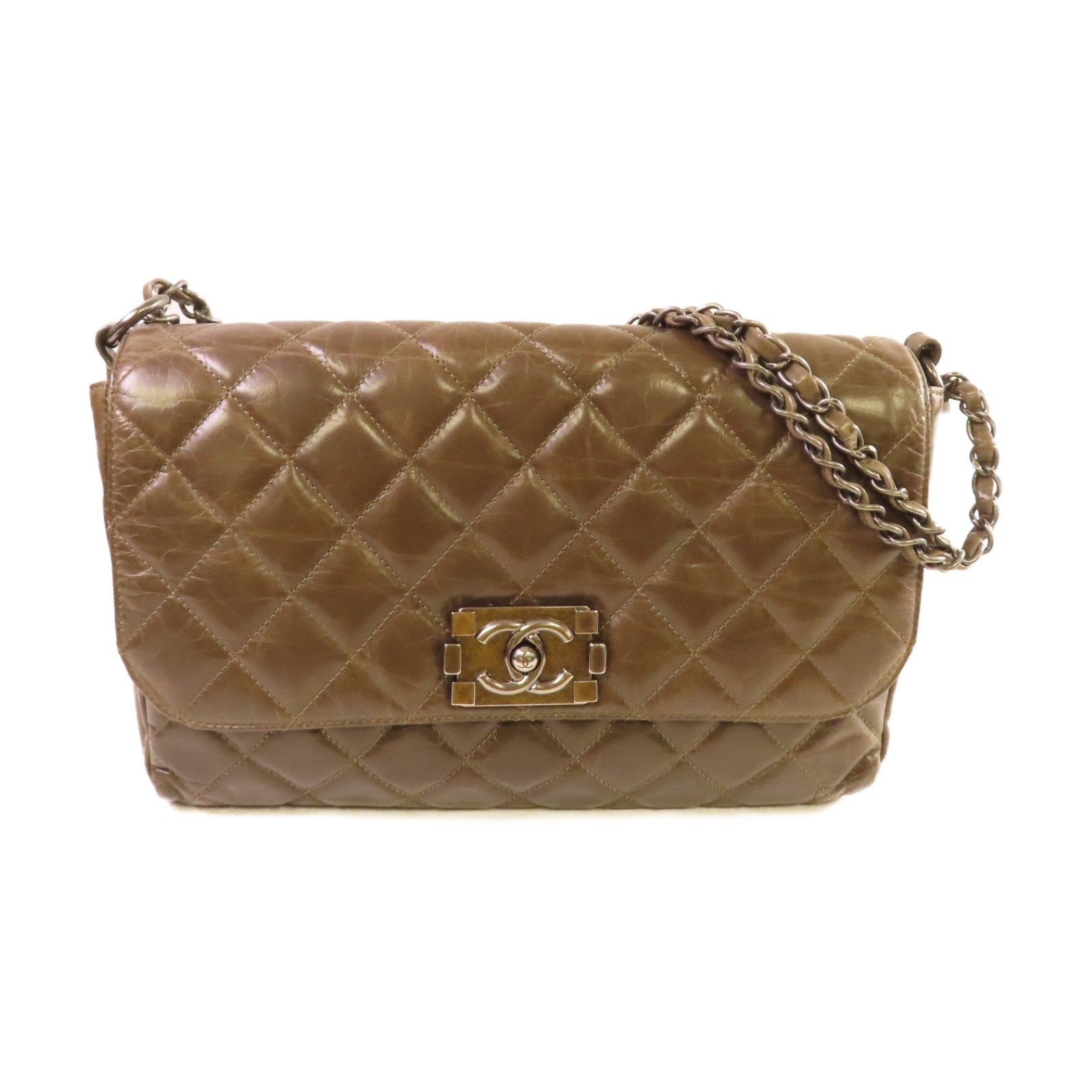 CHANEL 【清倉大減價】菱格牛皮皮革Chain Shoulder Bag銀扣鏈帶肩背袋啡色
