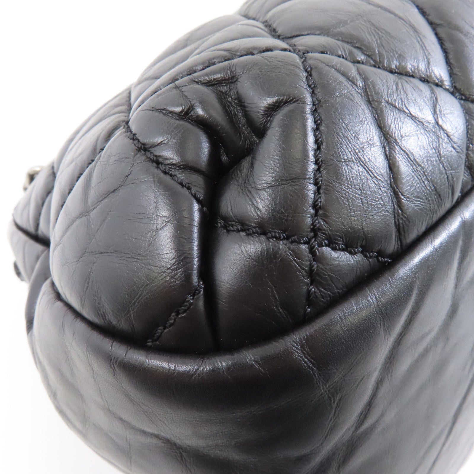 CHANEL 菱格皮革Chain Shoulder銀扣鏈帶肩背袋黑色