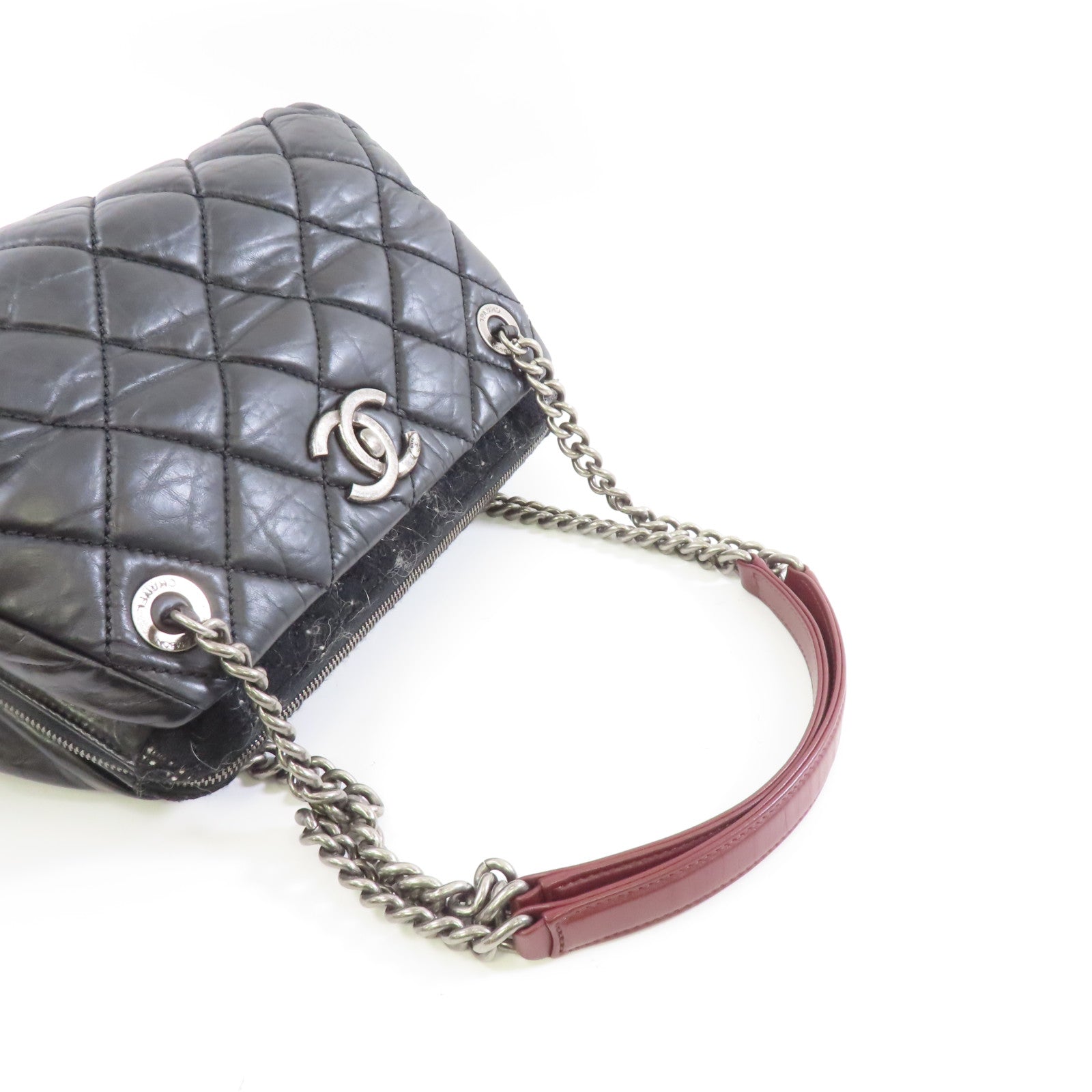 CHANEL 菱格皮革Chain Shoulder銀扣鏈帶肩背袋黑色