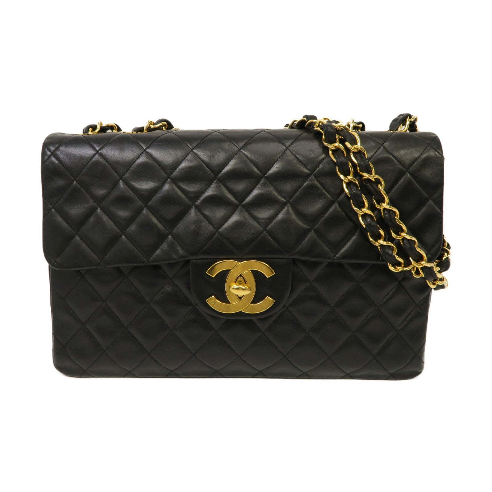 CHANEL 菱格牛皮皮革Chain Shoulder Bag金扣鏈帶肩背袋黑色