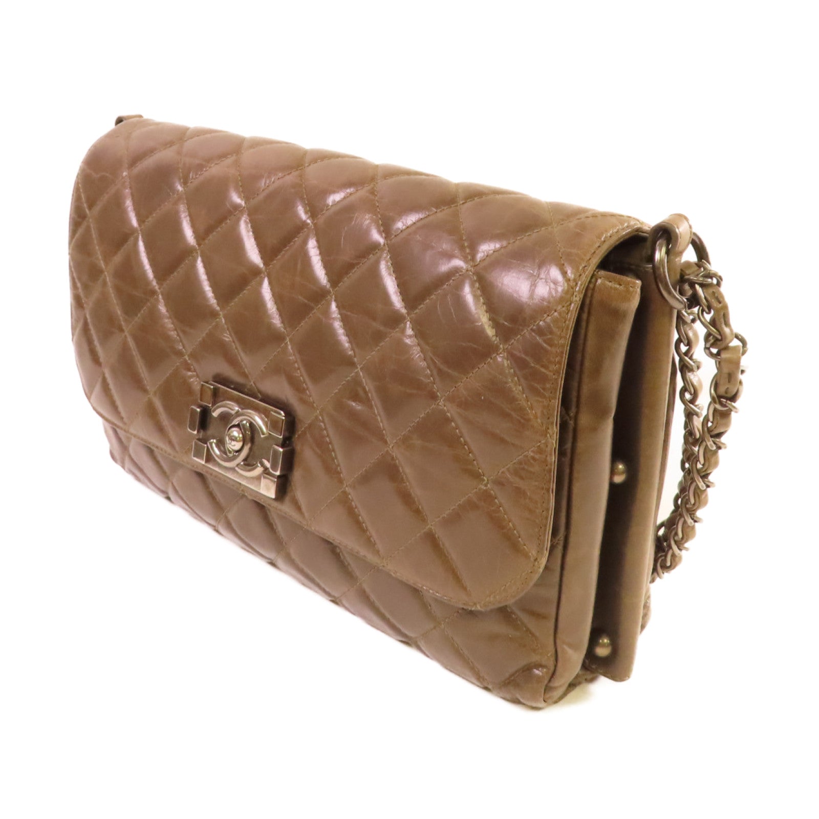 CHANEL 【清倉大減價】菱格牛皮皮革Chain Shoulder Bag銀扣鏈帶肩背袋啡色