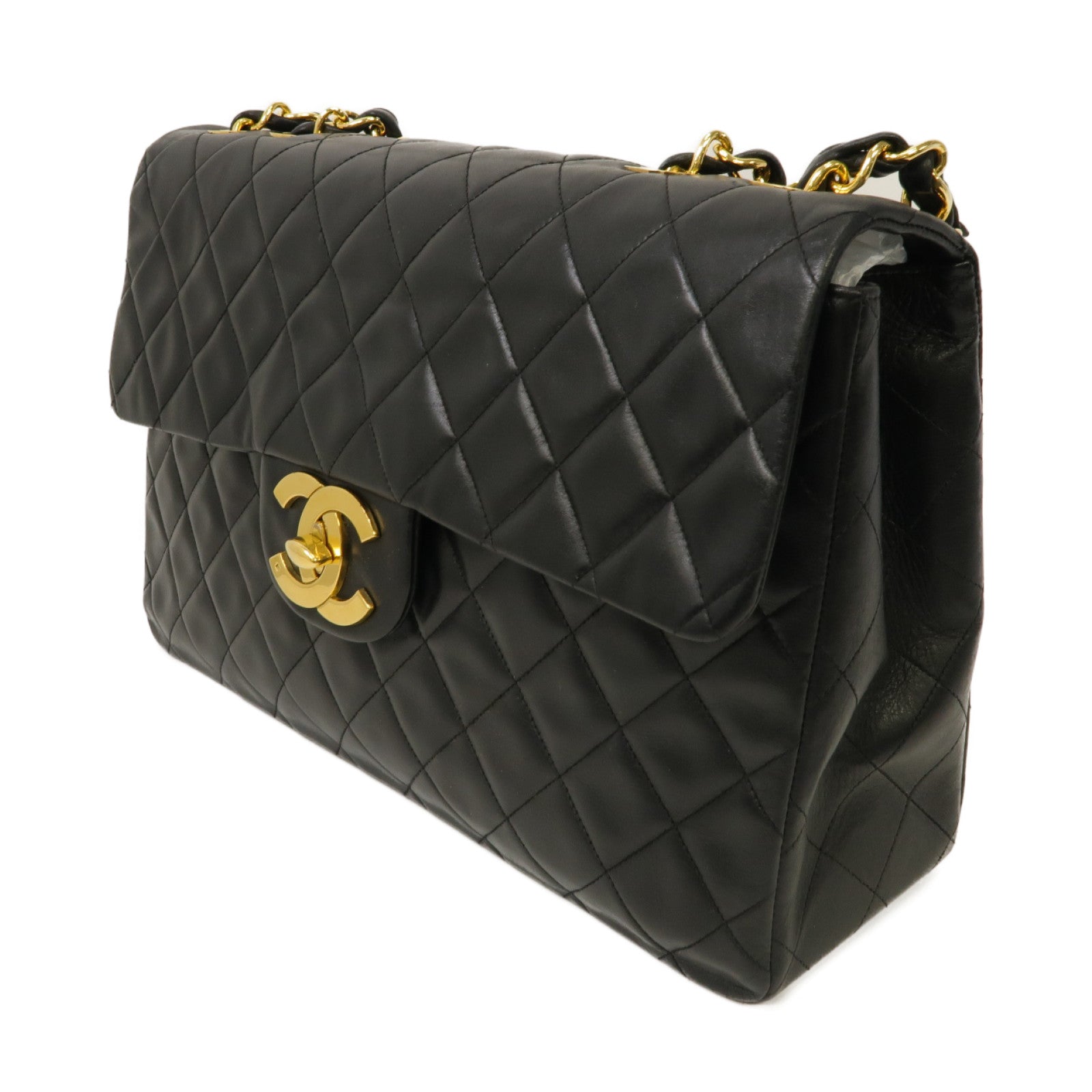 CHANEL 菱格牛皮皮革Chain Shoulder Bag金扣鏈帶肩背袋黑色