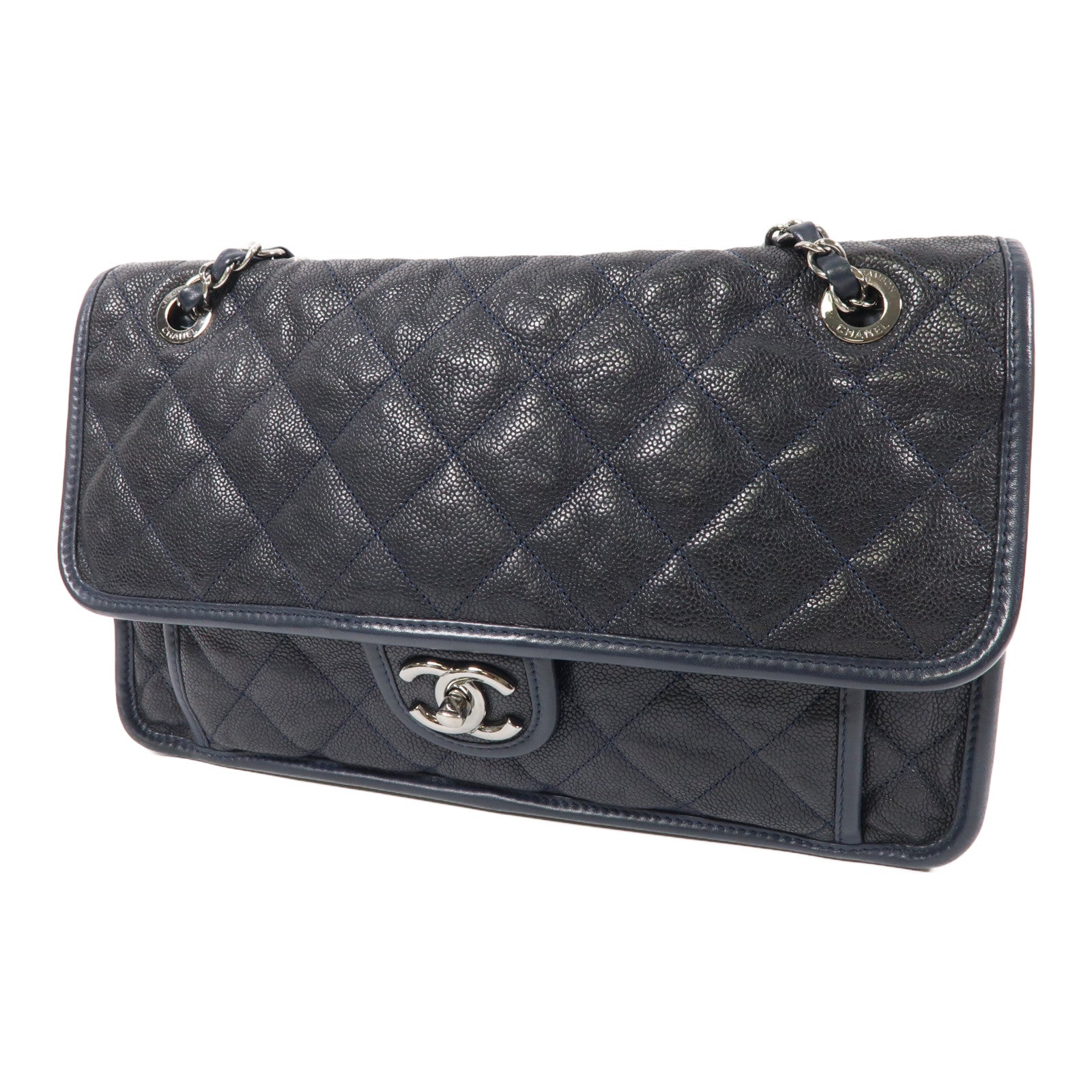CHANEL 牛皮皮革Chain Shoulder銀扣鏈帶肩背袋