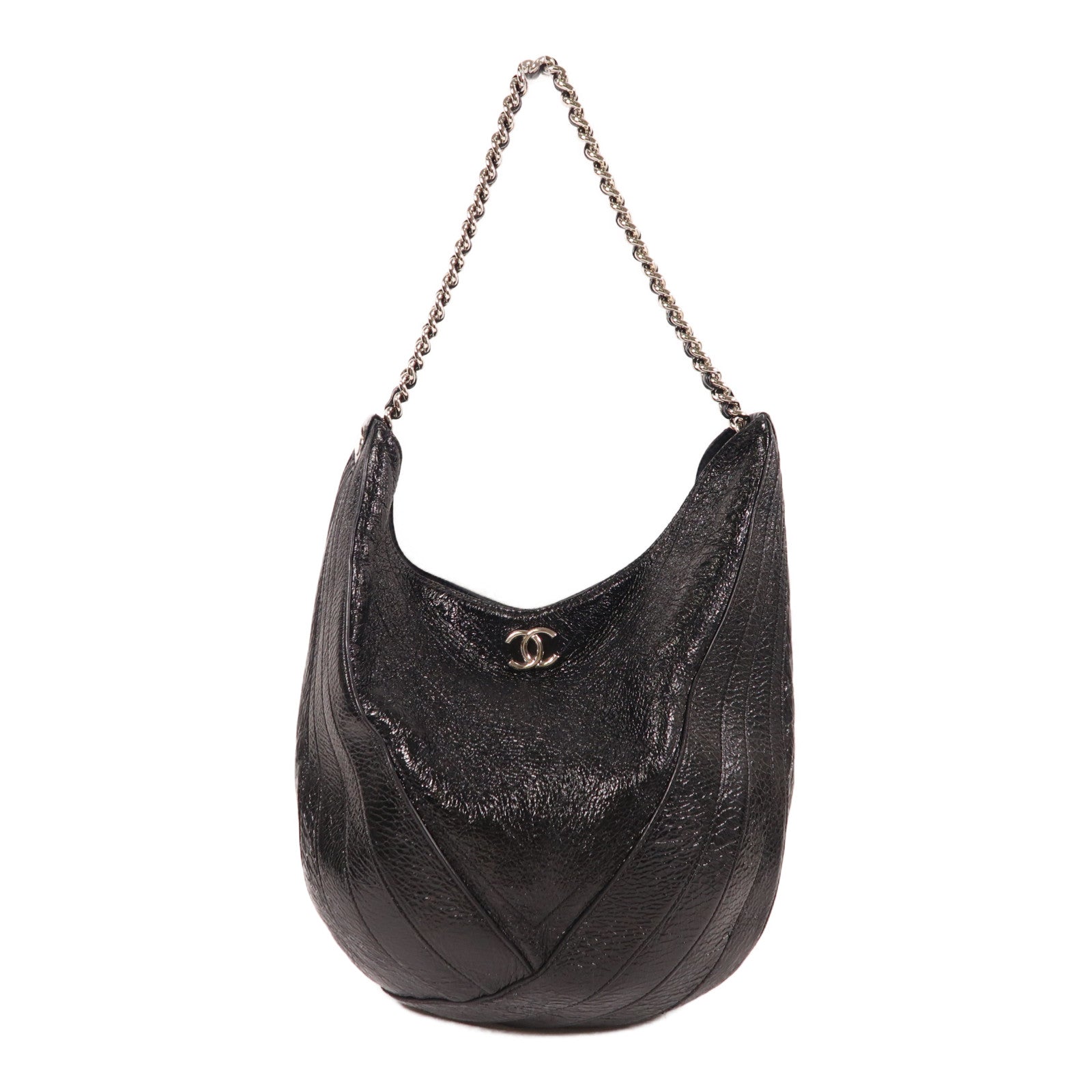 CHANEL CC SHW Droplet Hobo Chain Shoulder Bag Patent Leather Black