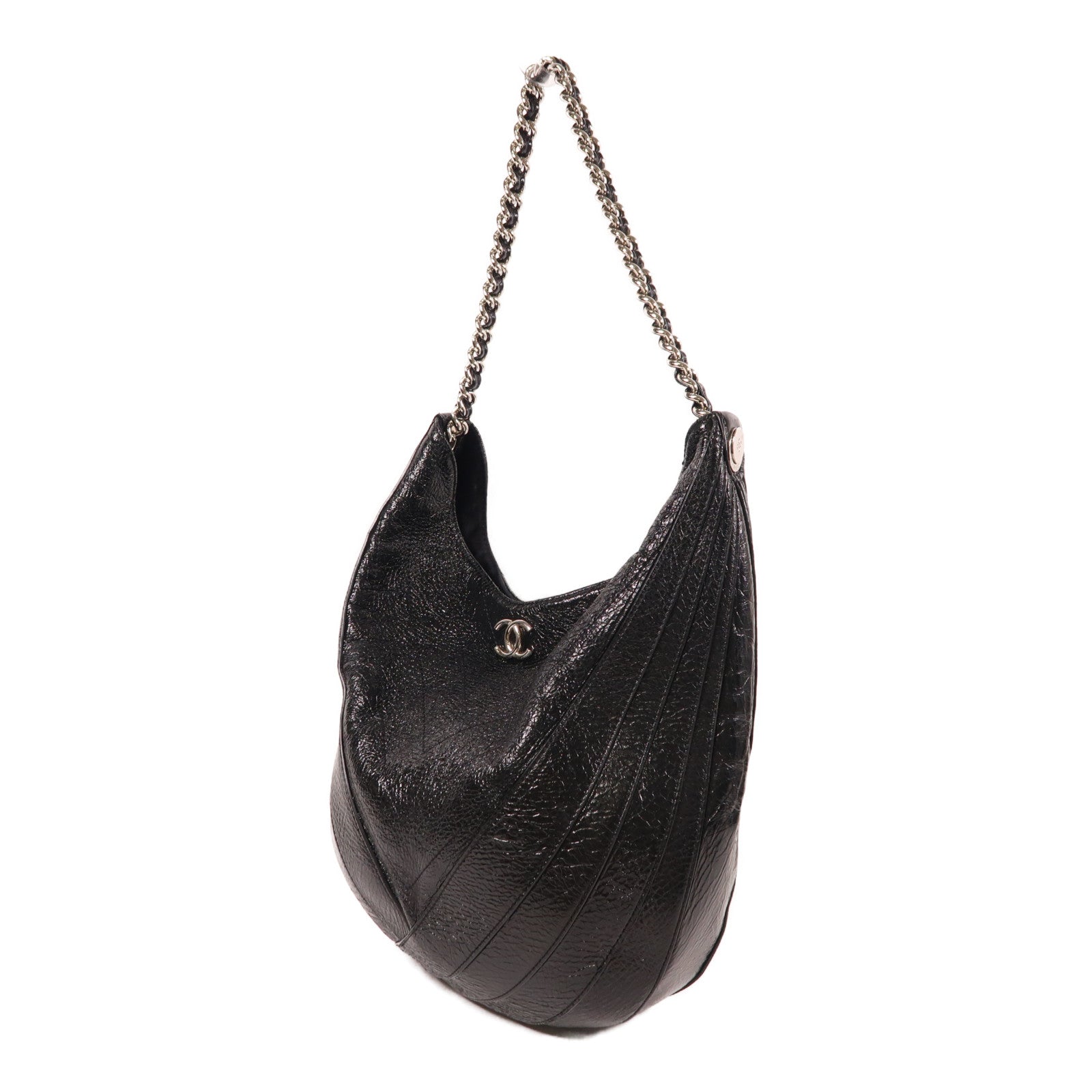 CHANEL CC SHW Droplet Hobo Chain Shoulder Bag Patent Leather Black