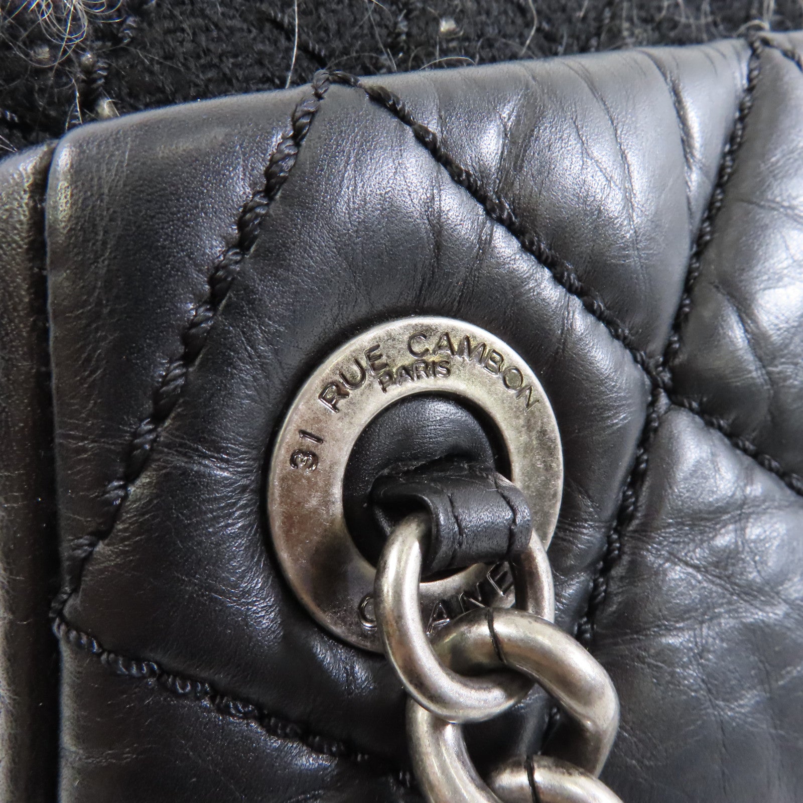 CHANEL 菱格皮革Chain Shoulder銀扣鏈帶肩背袋黑色
