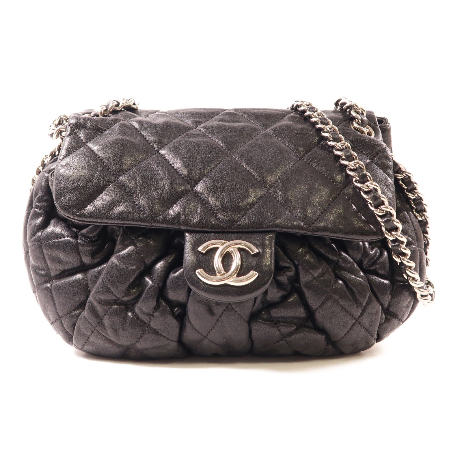 CHANEL 羊皮皮革Chain Shoulder銀扣鏈帶肩背袋