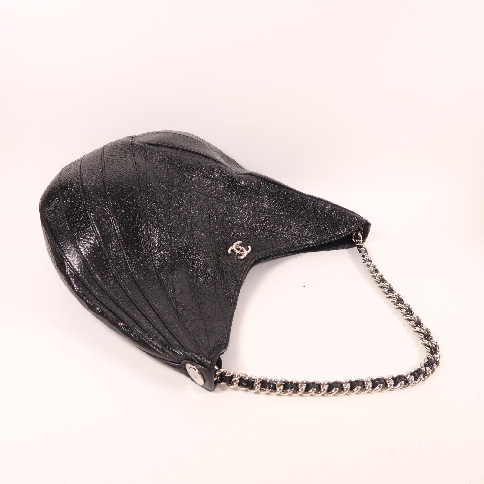 CHANEL CC SHW Droplet Hobo Chain Shoulder Bag Patent Leather Black