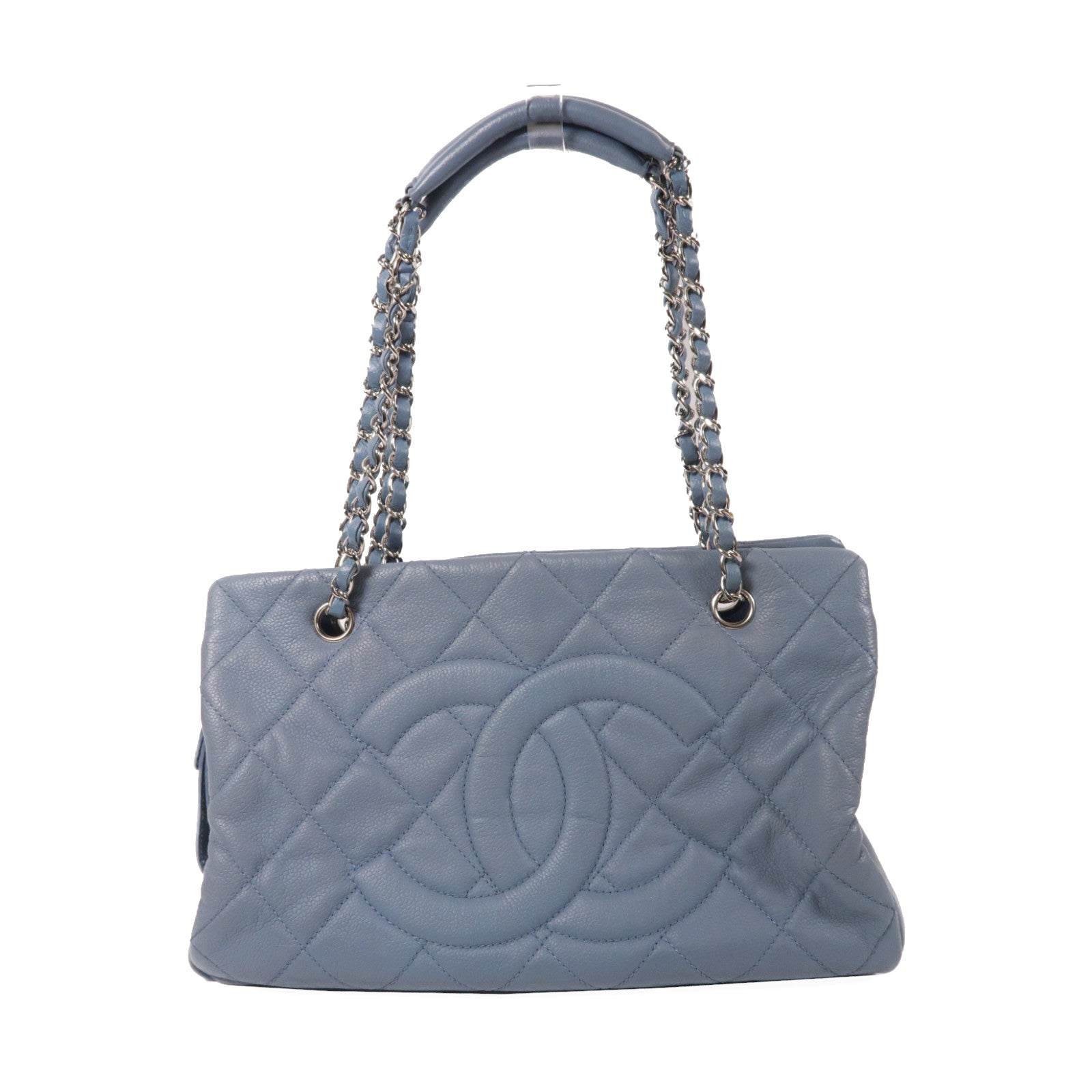 CHANEL 菱格Caviar皮革Timeless CC Tote銀扣鏈帶肩背袋藍色