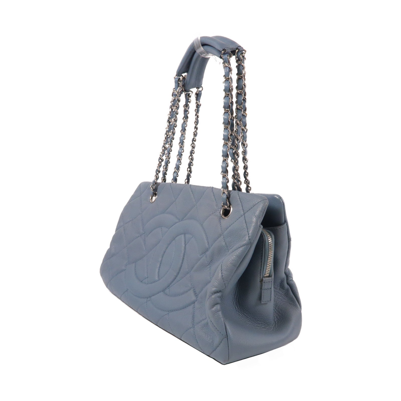 CHANEL 菱格Caviar皮革Timeless CC Tote銀扣鏈帶肩背袋藍色