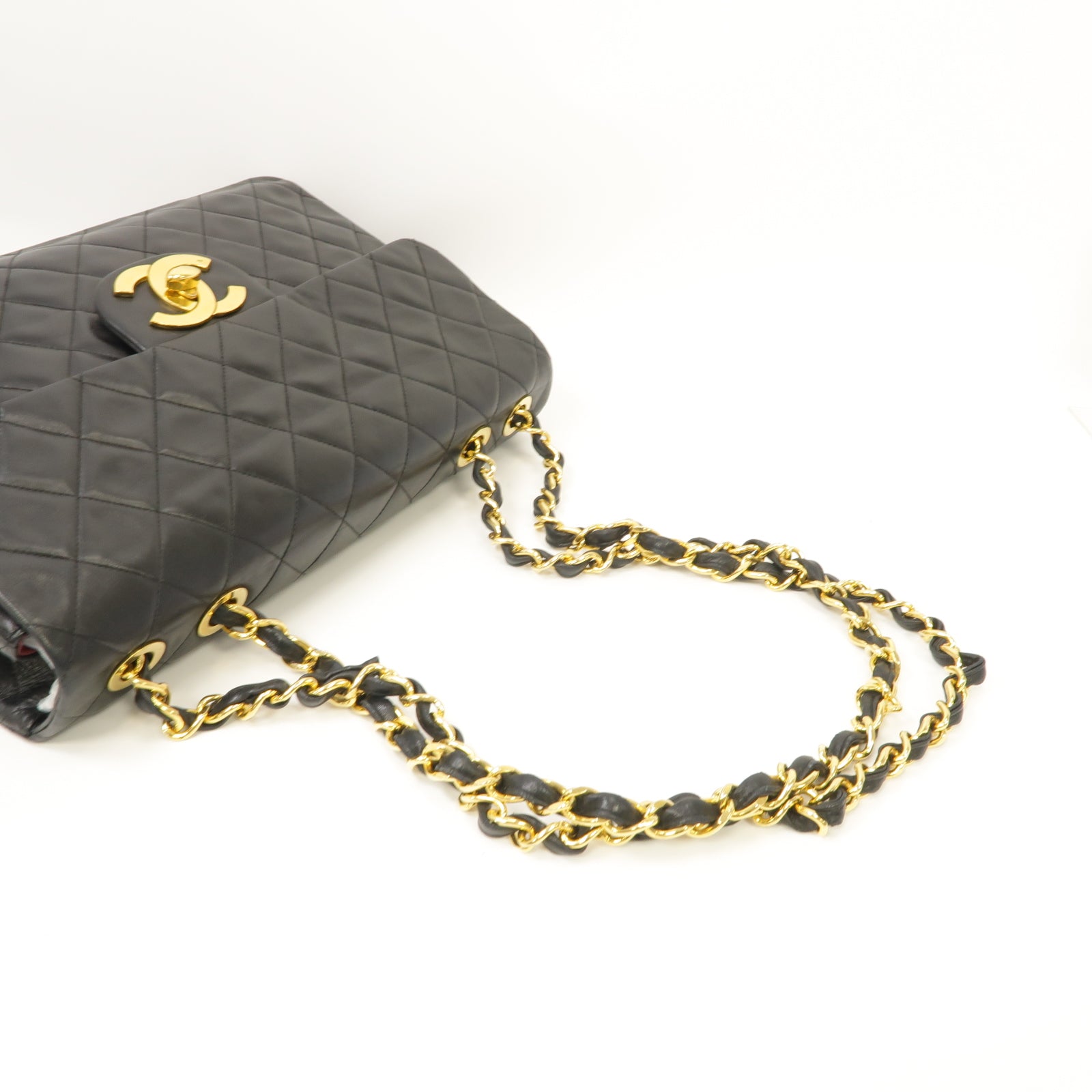 CHANEL 菱格牛皮皮革Chain Shoulder Bag金扣鏈帶肩背袋黑色