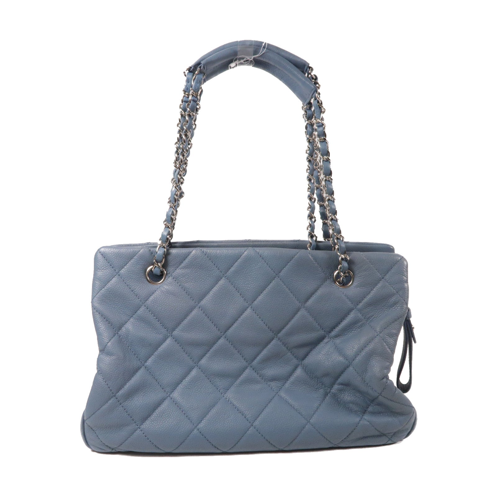 CHANEL 菱格Caviar皮革Timeless CC Tote銀扣鏈帶肩背袋藍色
