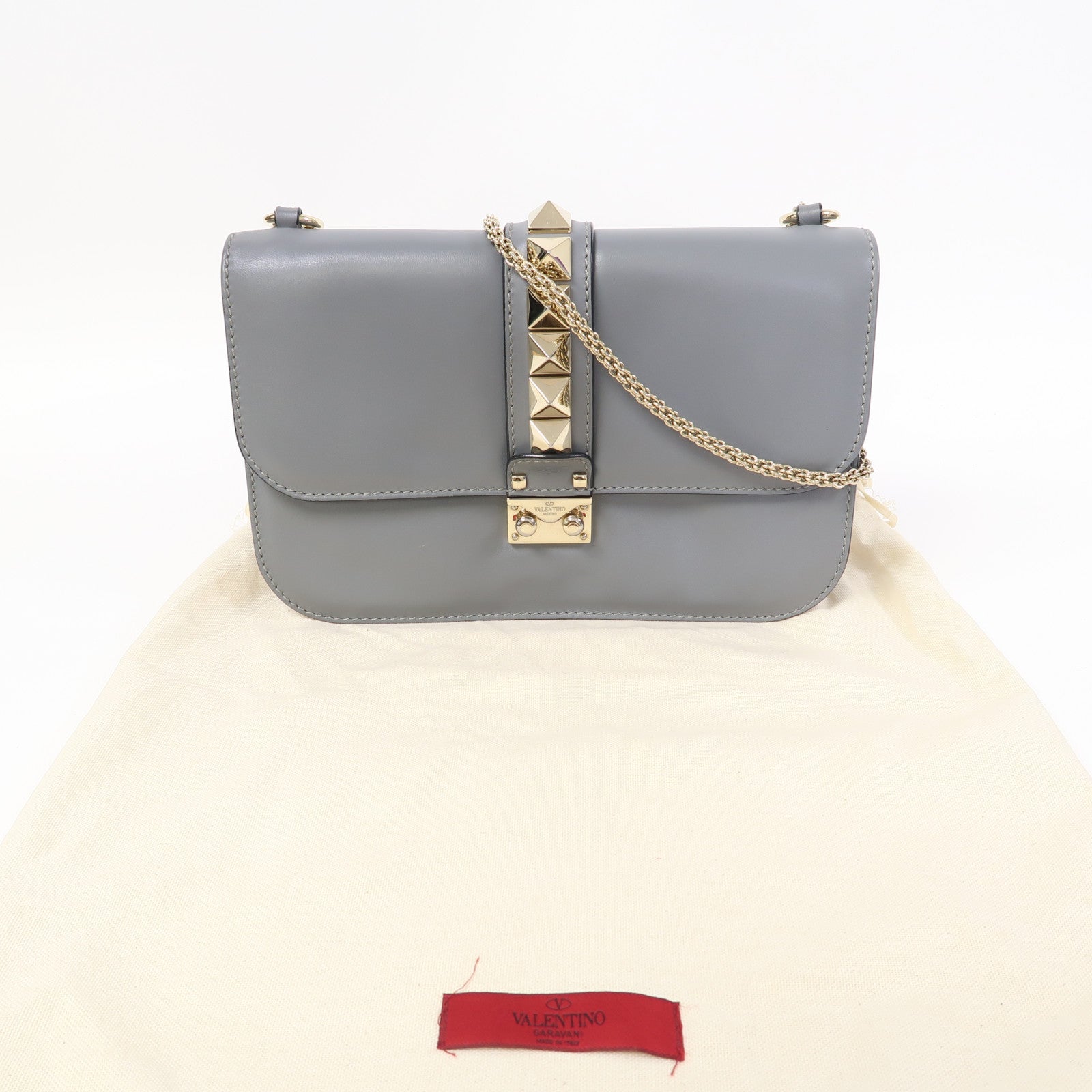 Valentino 牛皮皮革Shoulder Bag金扣鏈帶肩背袋灰色