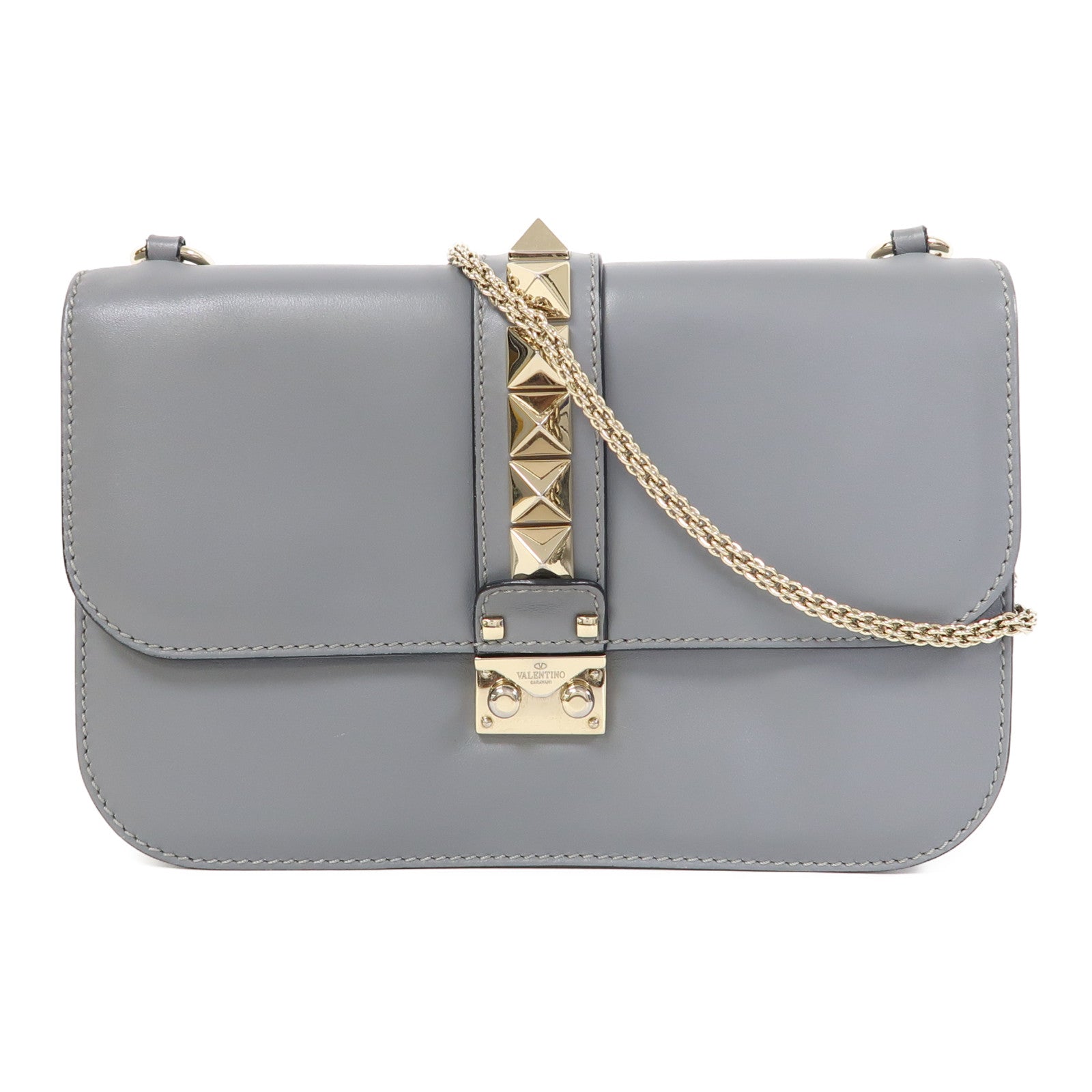 Valentino 牛皮皮革Shoulder Bag金扣鏈帶肩背袋灰色