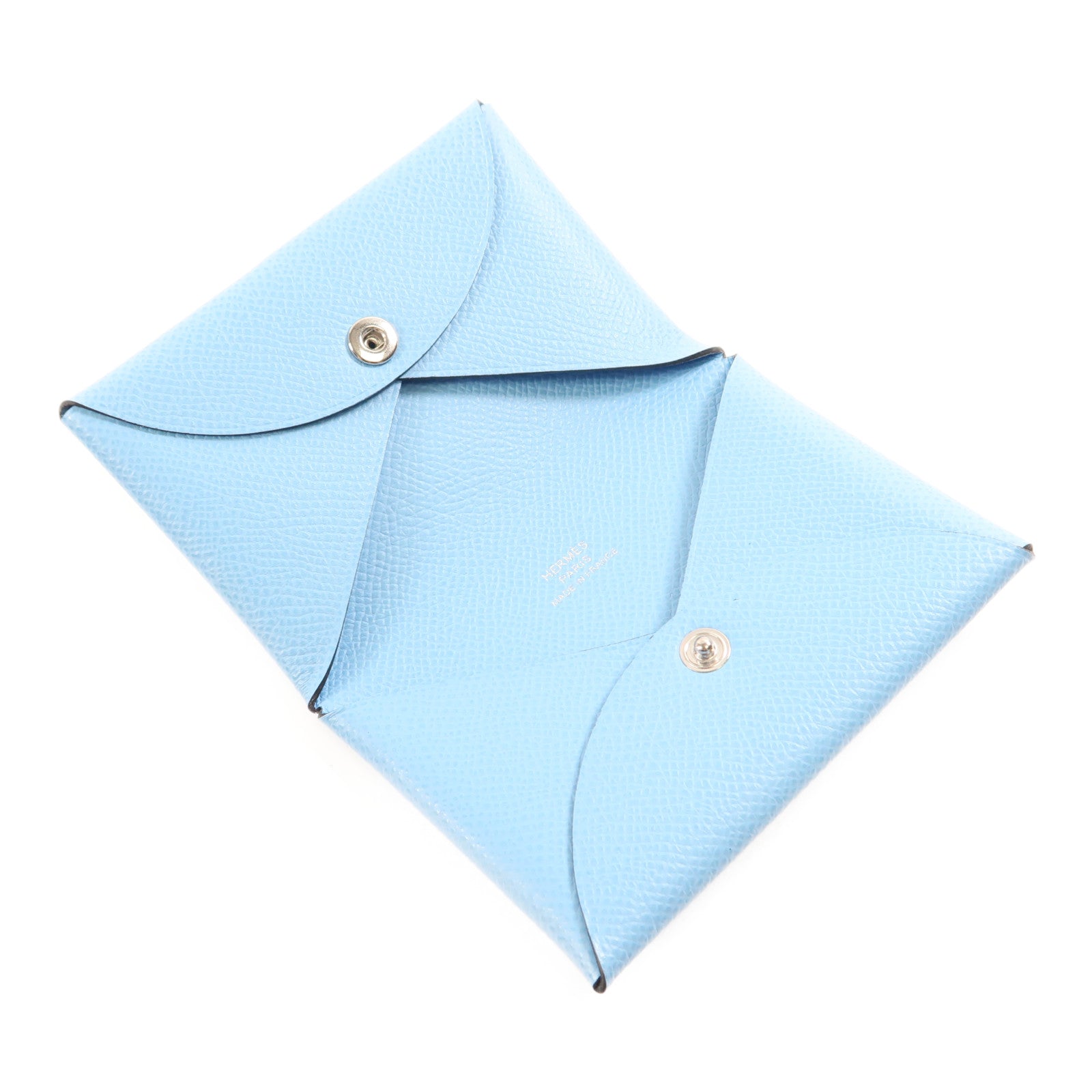 HERMES Epsom皮革Calvi銀扣卡片套Bleu Azteque