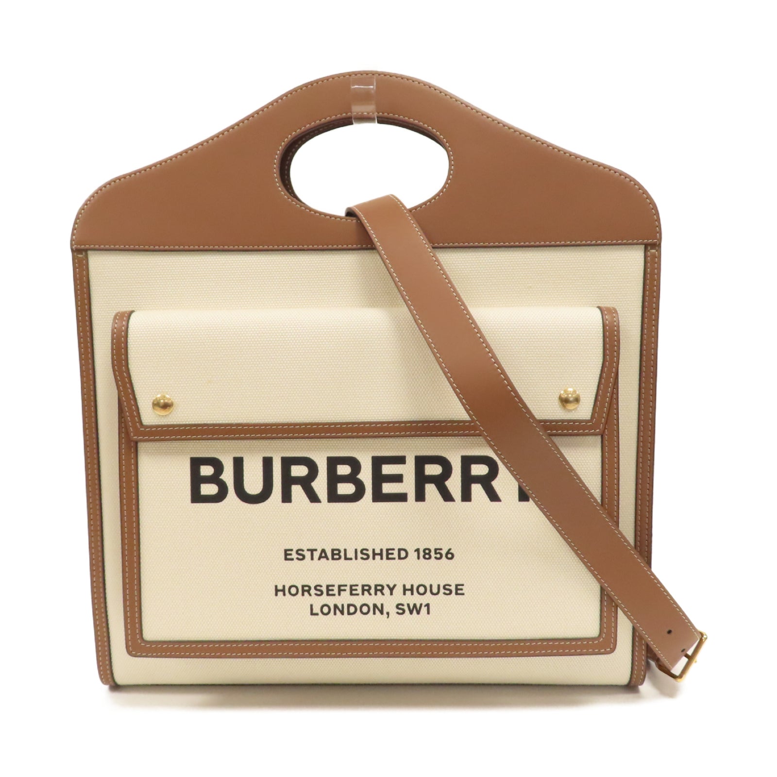 BURBERRY 帆布2Way Shoulder金扣手挽肩背兩用袋白色/啡色