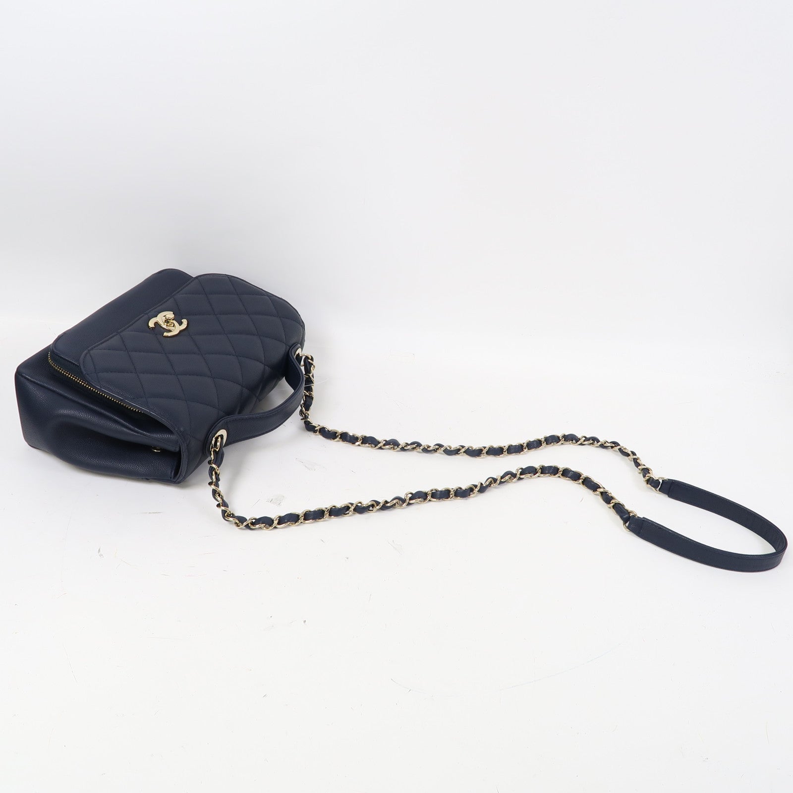 CHANEL 菱格牛皮皮革Shoulder Bag金扣鏈帶肩背袋藍色