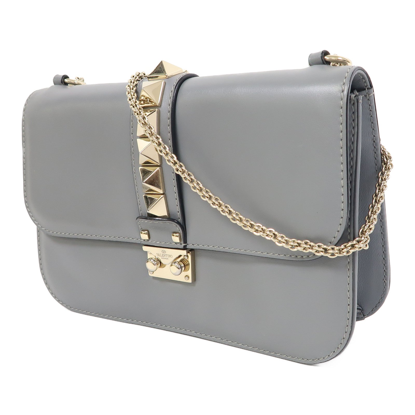 Valentino 牛皮皮革Shoulder Bag金扣鏈帶肩背袋灰色