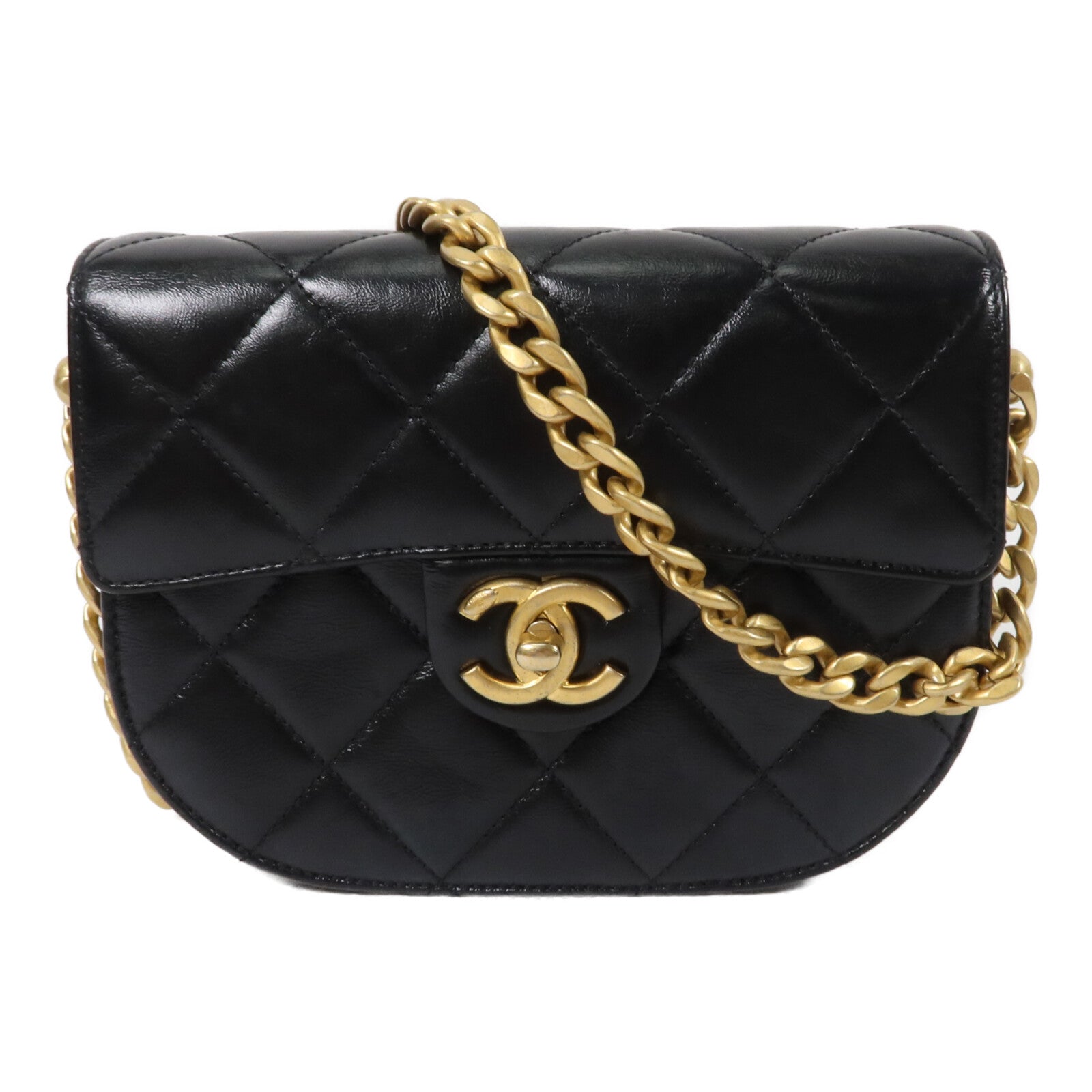 CHANEL 牛皮皮革CC Round Noon Messenger Bag鏈帶肩背袋