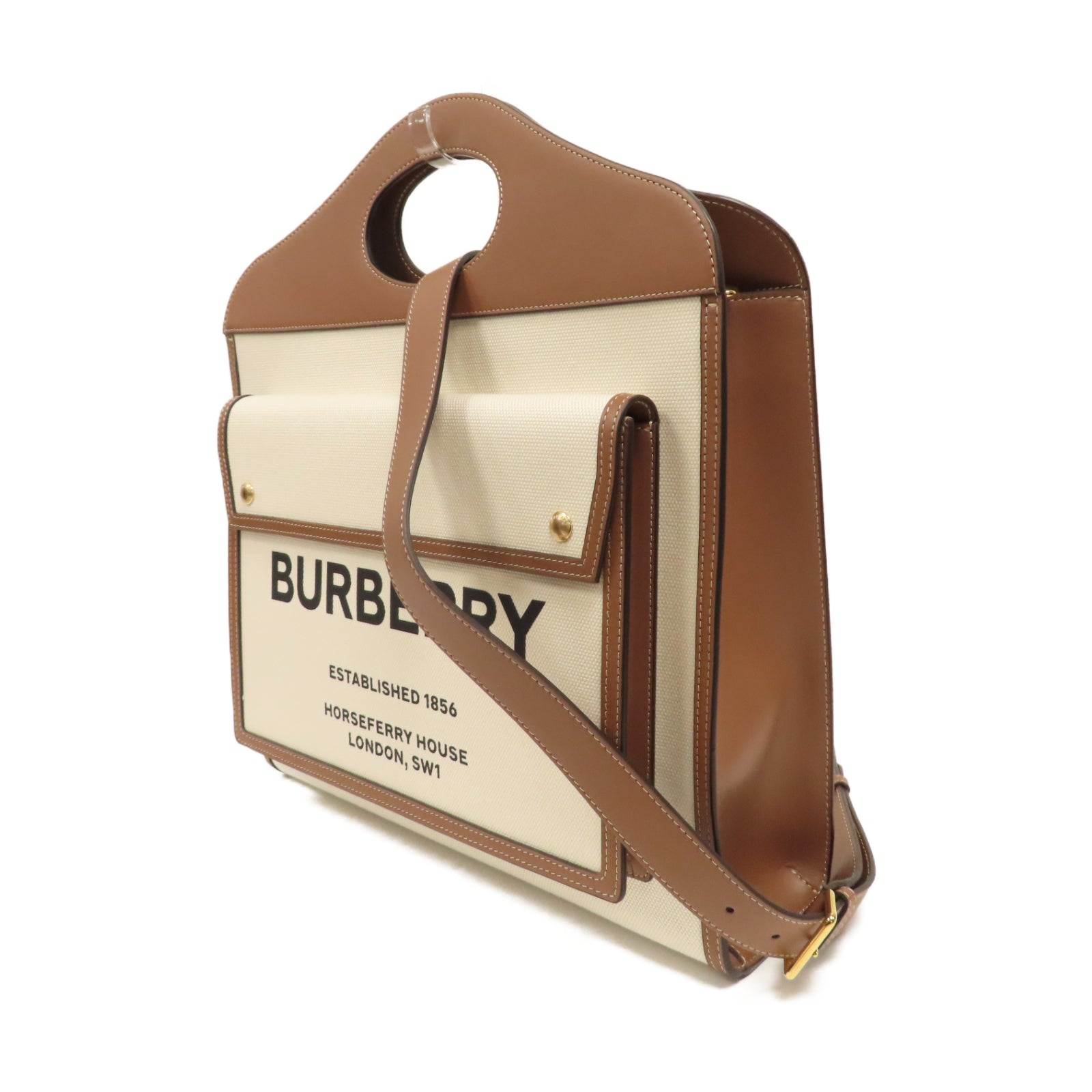 BURBERRY 帆布2Way Shoulder金扣手挽肩背兩用袋白色/啡色