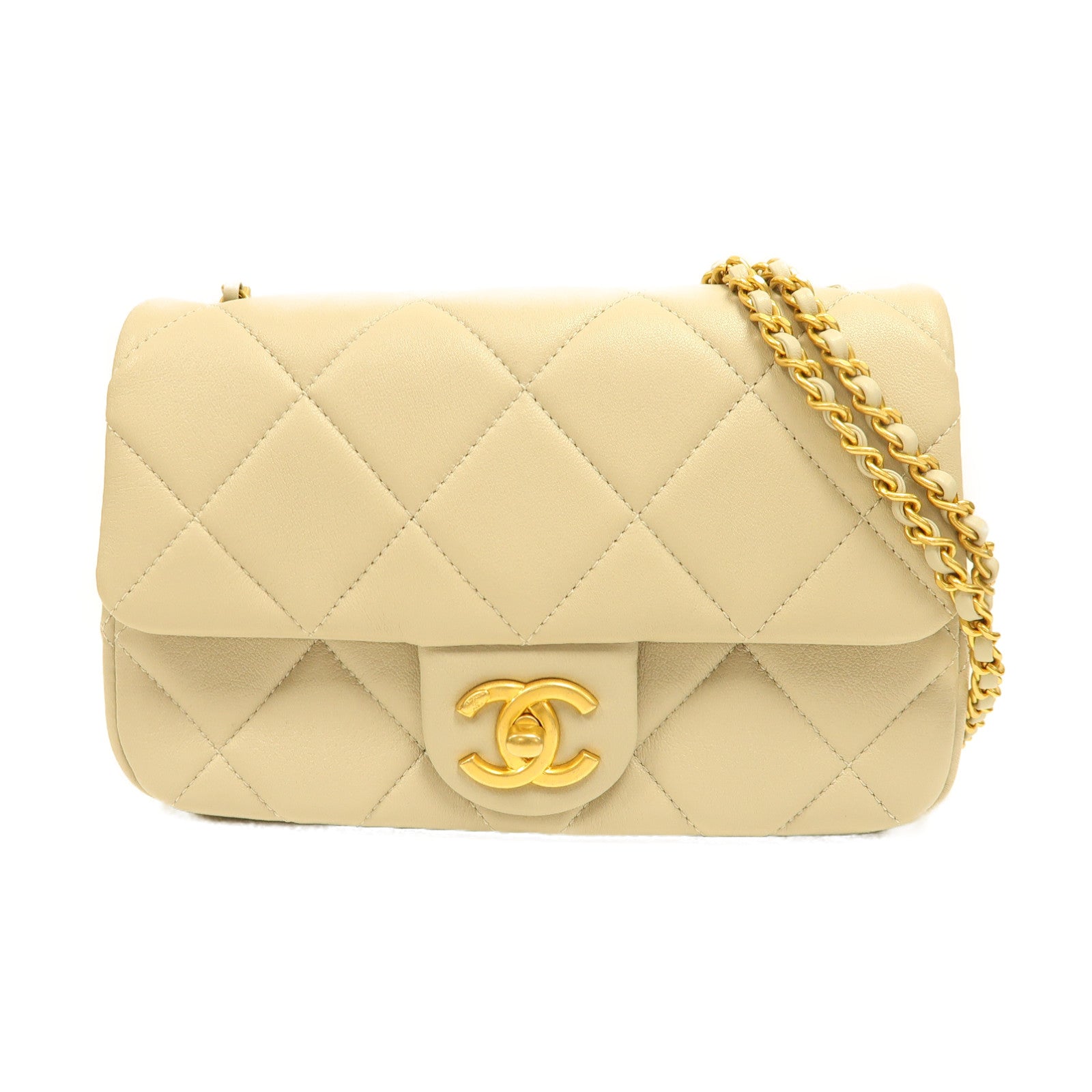 CHANEL 菱格羊皮皮革Chain Shoulder金扣鏈帶肩背袋灰色