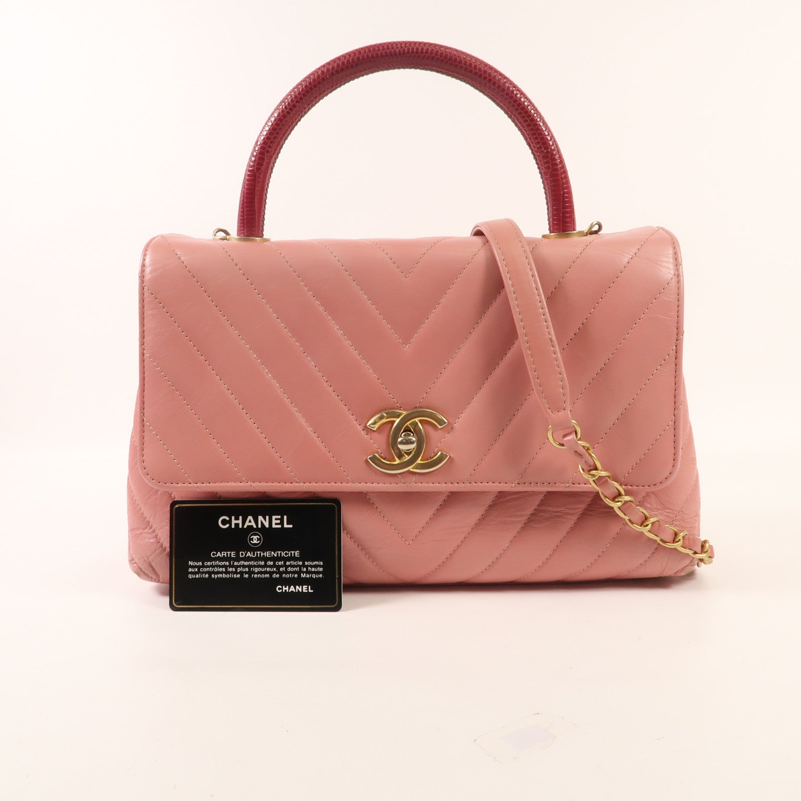 CHANEL 牛皮/蜥蝪皮革Coco Handle Medium金扣鏈帶手挽肩背兩用袋
