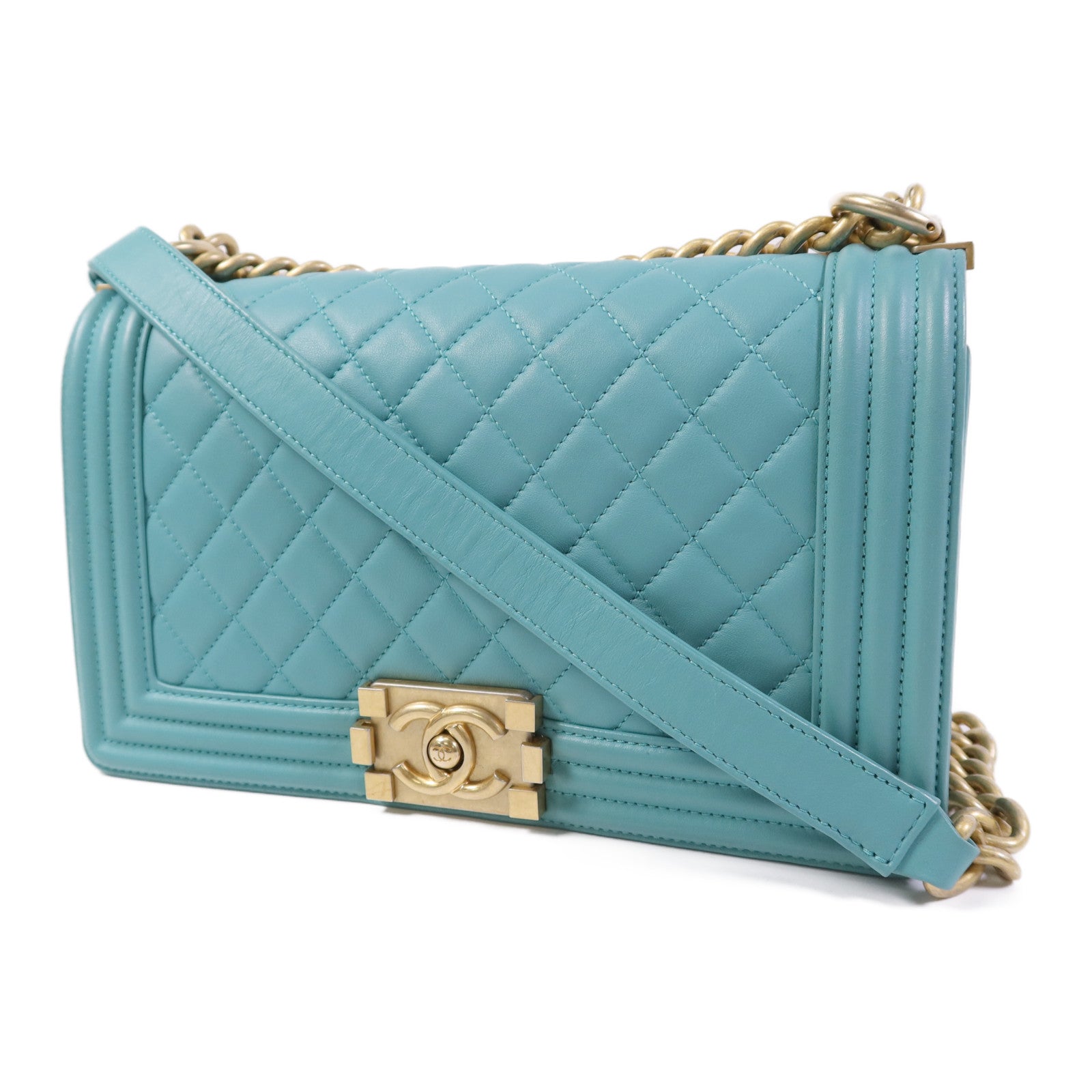 CHANEL 羊皮皮革Boy 25金扣鏈帶肩背袋