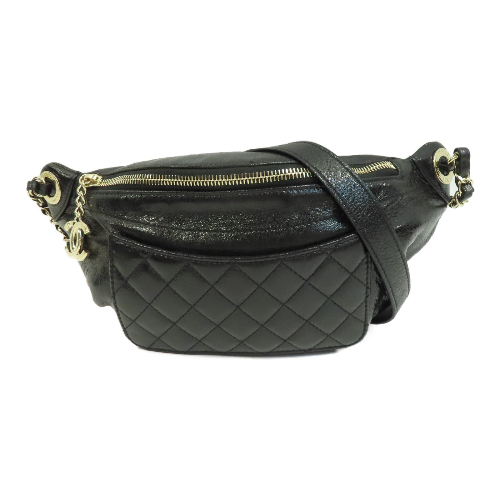 CHANEL 菱格牛皮皮革Waist Bag金扣鏈帶肩背袋黑色
